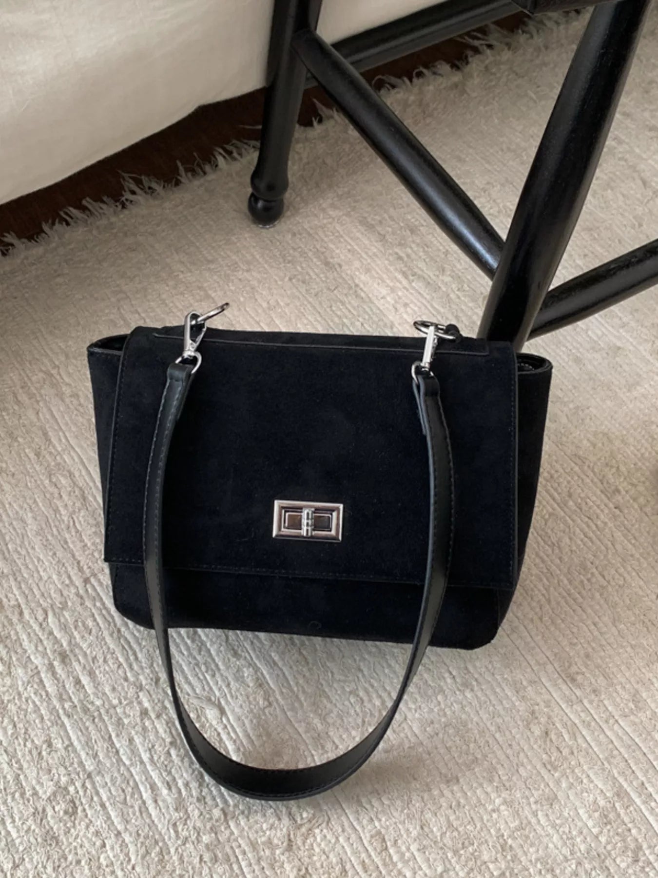 Black Suede Flap Crossbody Bag for Women