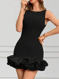 Women’s Sleeveless Black Bodycon Mini Dress with Ruffle Hem