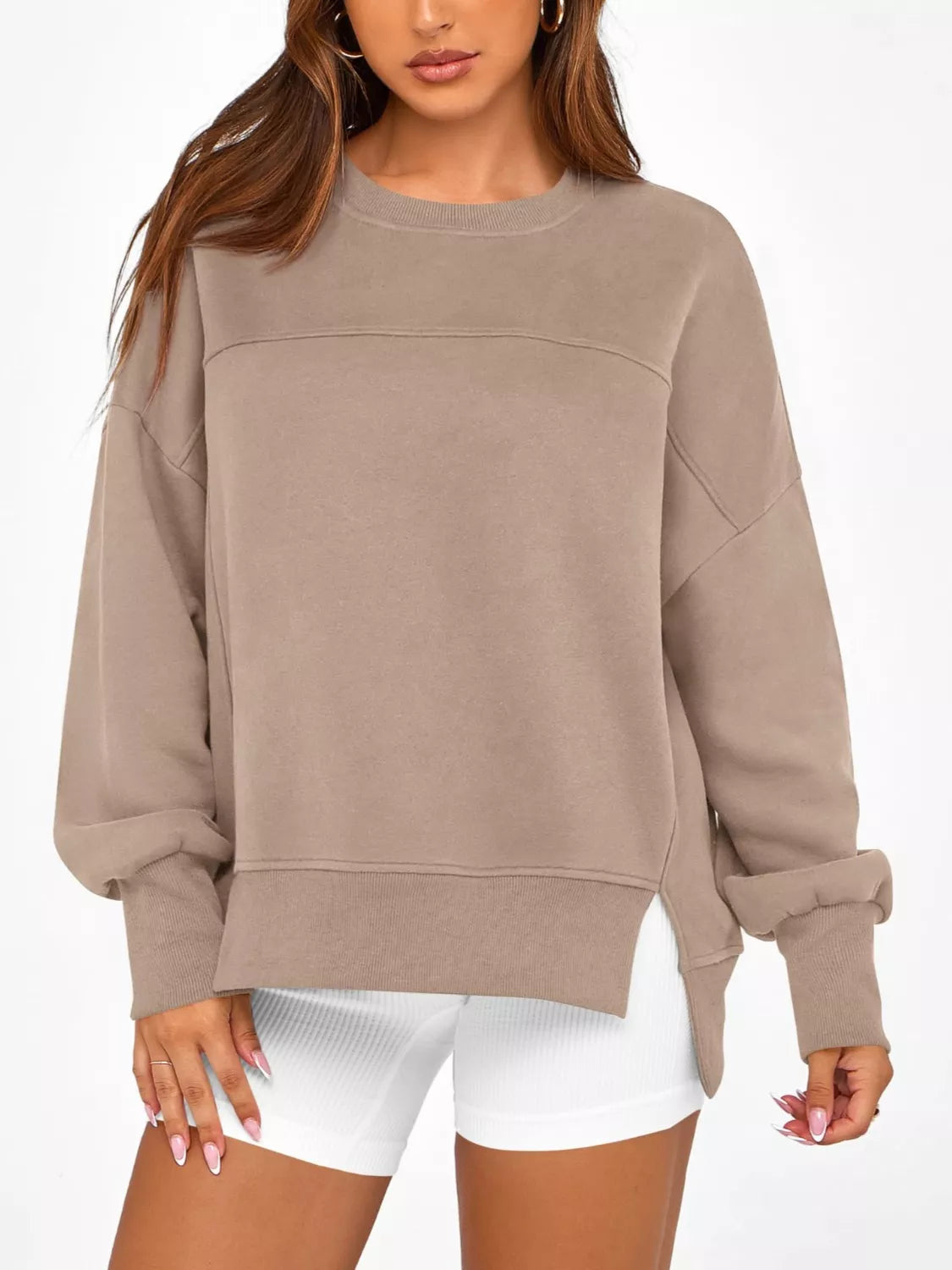 Casual Loose Side Slit Crewneck Sweatshirt