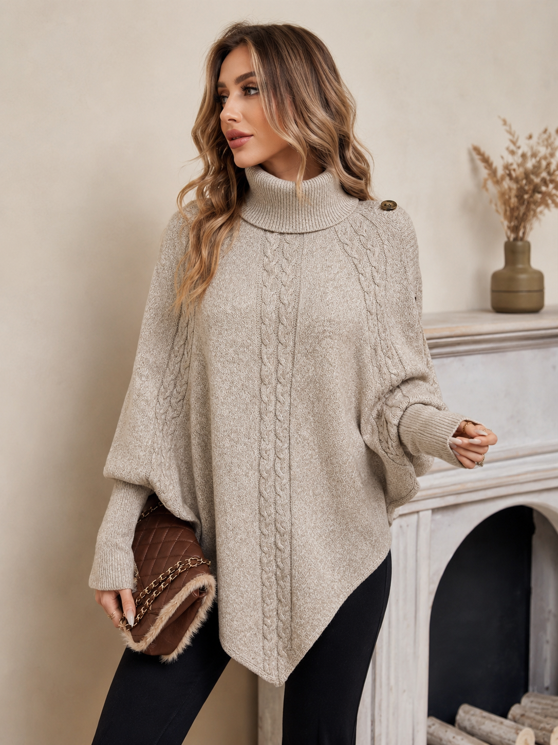 Women’s Cable Knit Cape Turtleneck Sweater