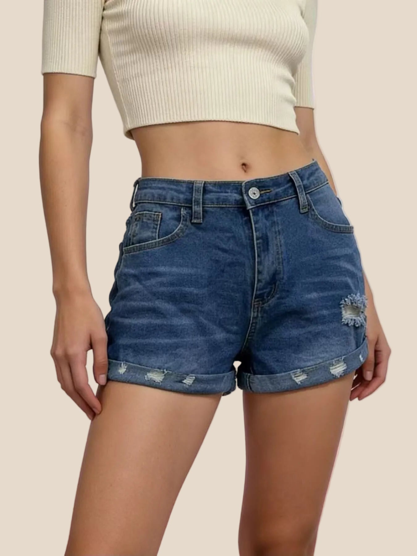 Women Distressed Denim Roll-Up Shorts