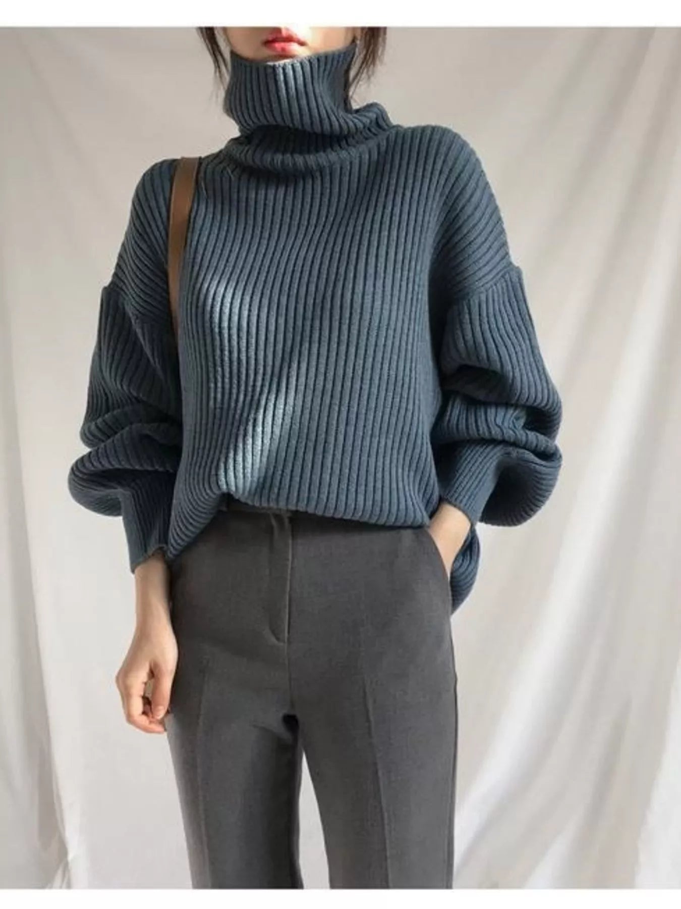 Blue Full Size Ribbed Knit Oversized Turtleneck Sweater