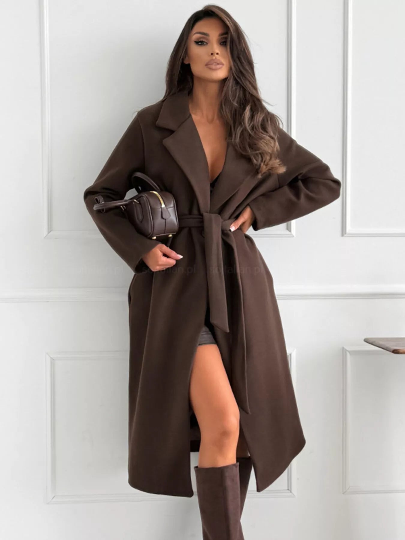 Women’s Elegant Long Belted Winter Coat with Slit | JLouren