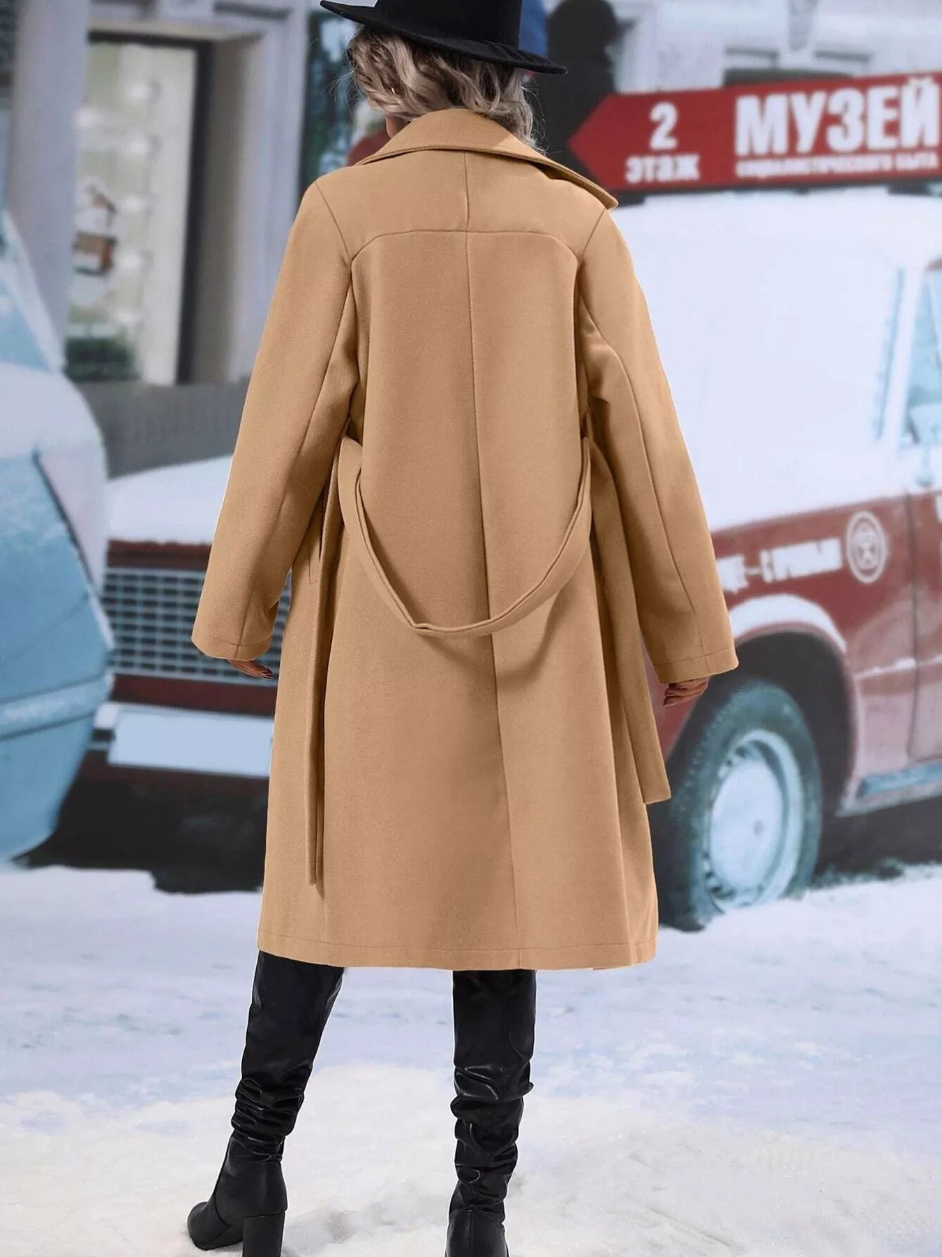 Khaki Double-Breasted Lapel Collar Trench Coat Women