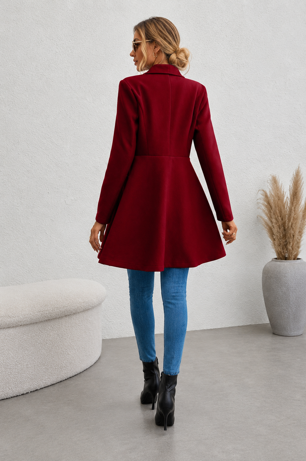 Women's Double-Breasted Fit & Flare Coat - Red