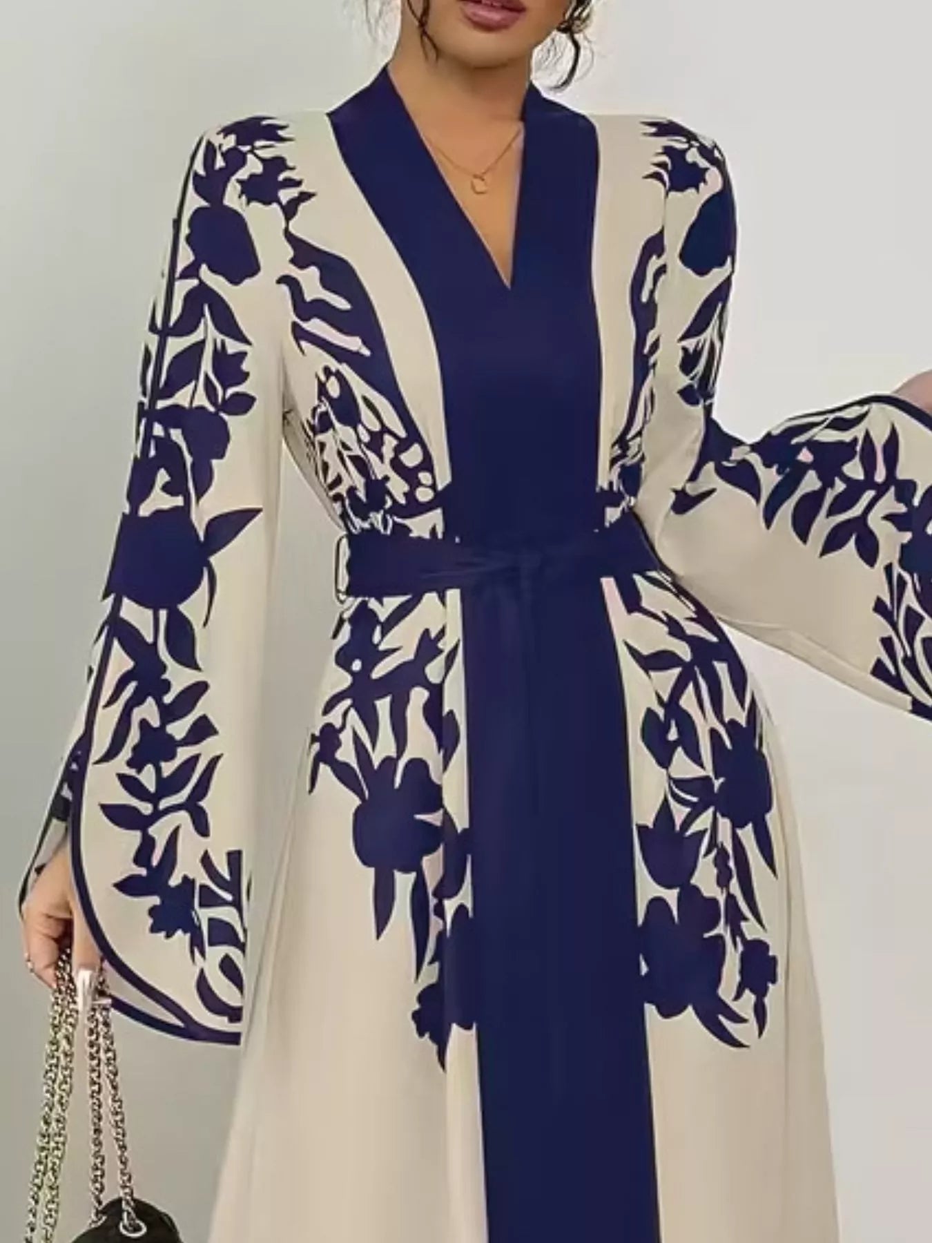 Women Printed Tie Waist Long Sleeve Maxi Dress | Jlouren
