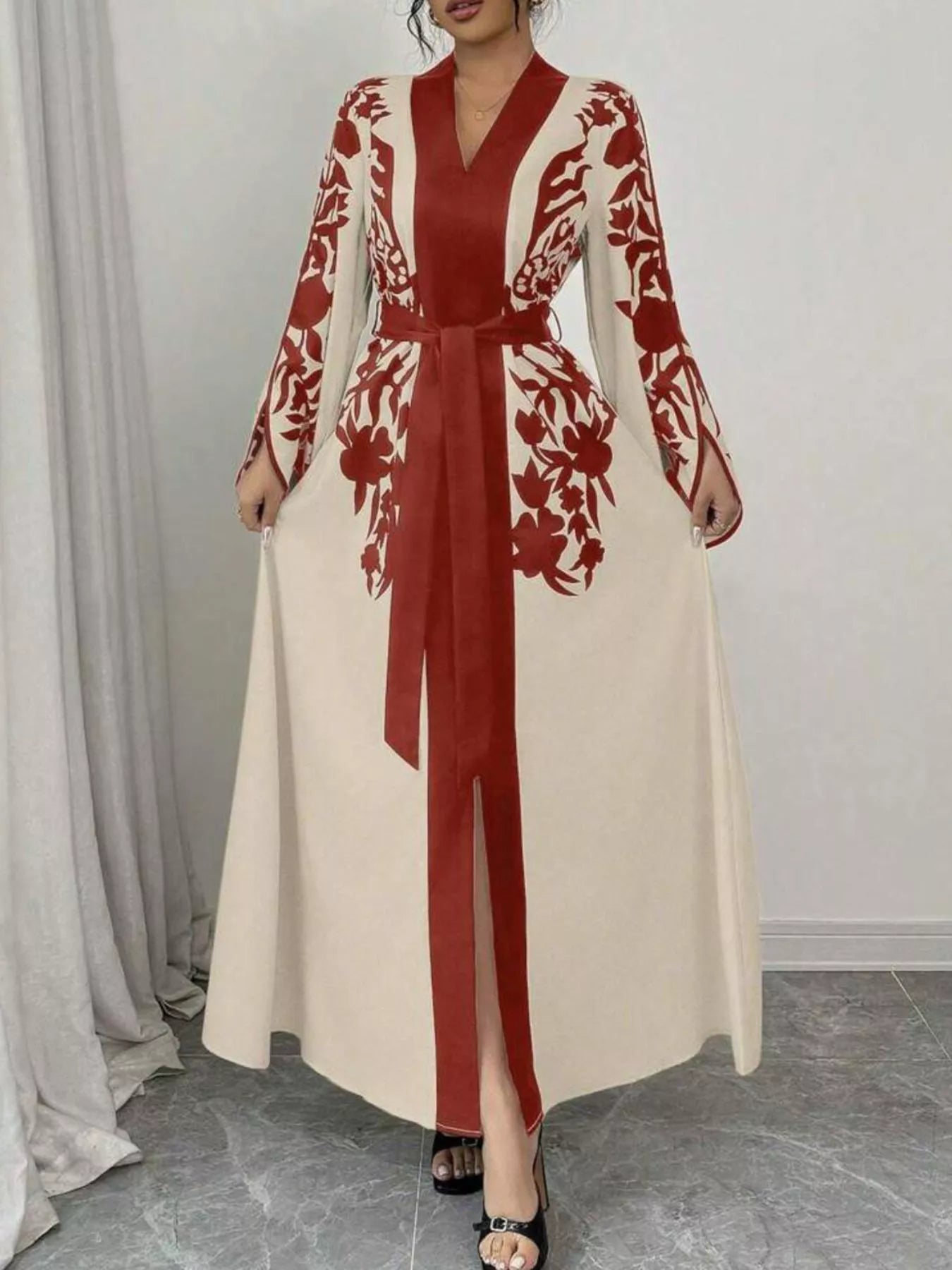 Women Printed Tie Waist Long Sleeve Maxi Dress | Jlouren