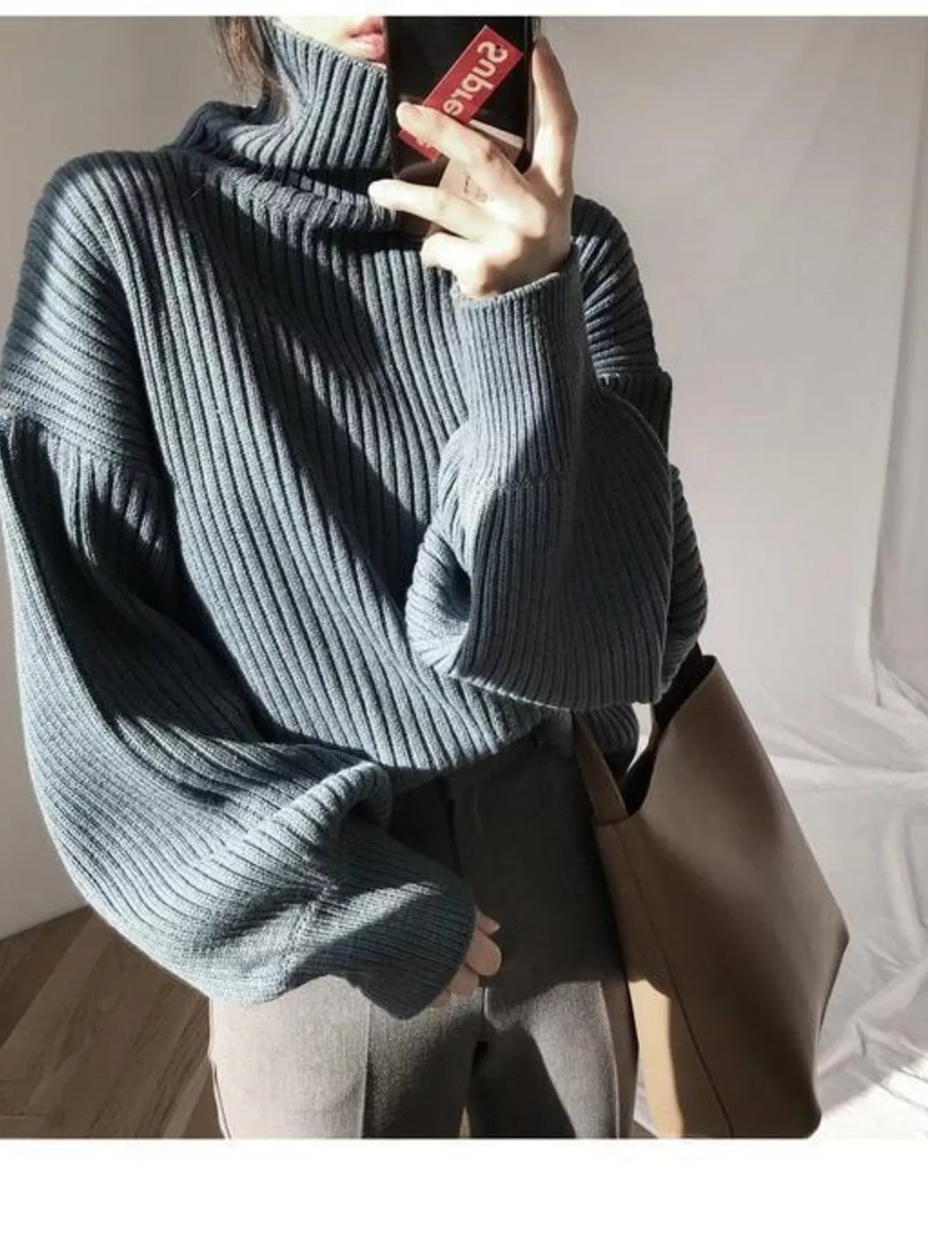 Blue Full Size Ribbed Knit Oversized Turtleneck Sweater