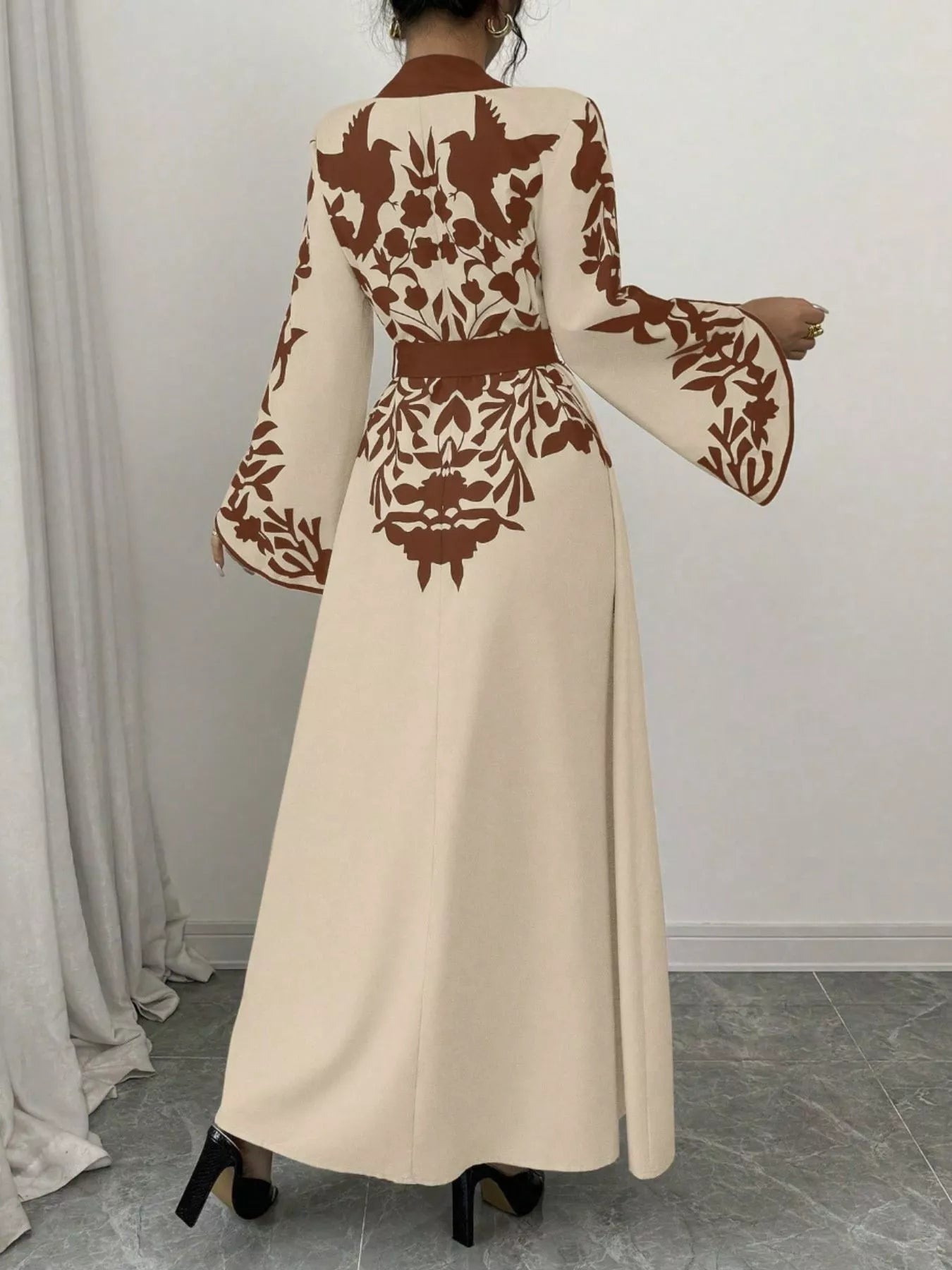 Women Printed Tie Waist Long Sleeve Maxi Dress | Jlouren