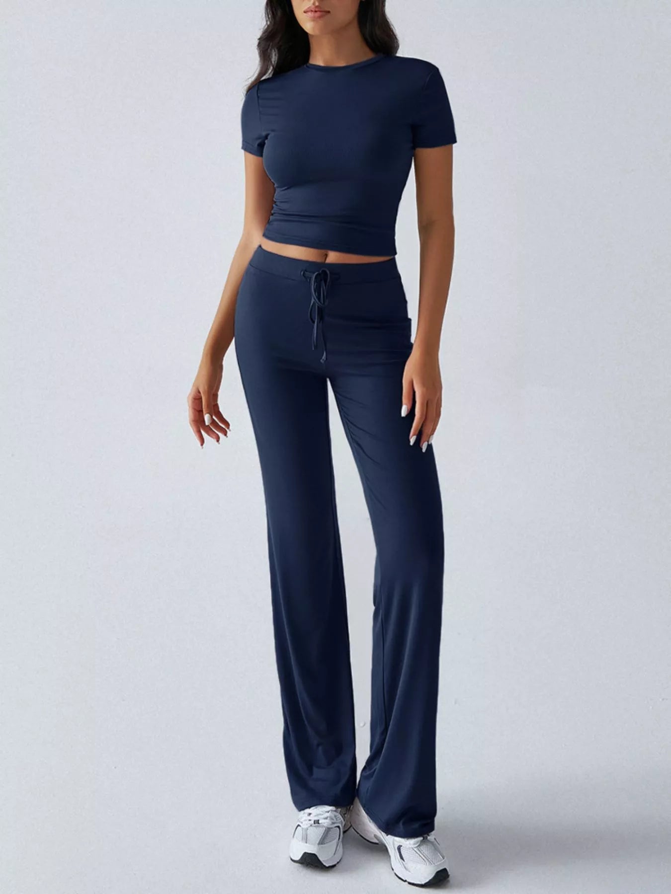 Mock Neck Cropped Top and Drawstring Flared Pants Set | JLouren