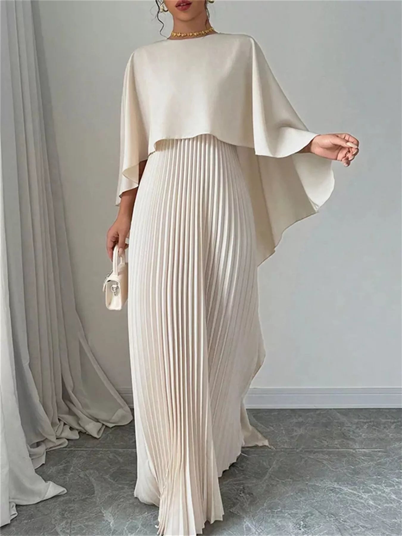 Cape Pleated Flowy Maxi Dress | JLouren