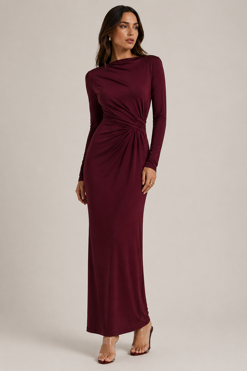 Women Ruched Bodycon Long Sleeve Maxi Dress