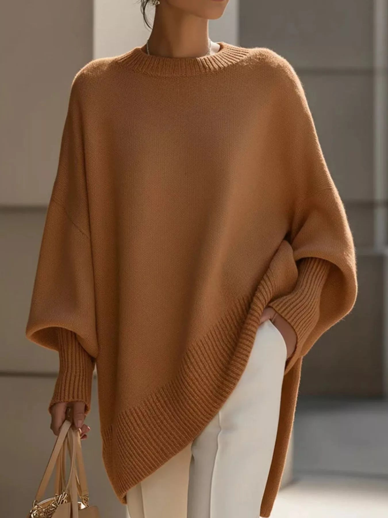 Brown Oversized Round Neck Long Sleeve Sweater | Jlouren