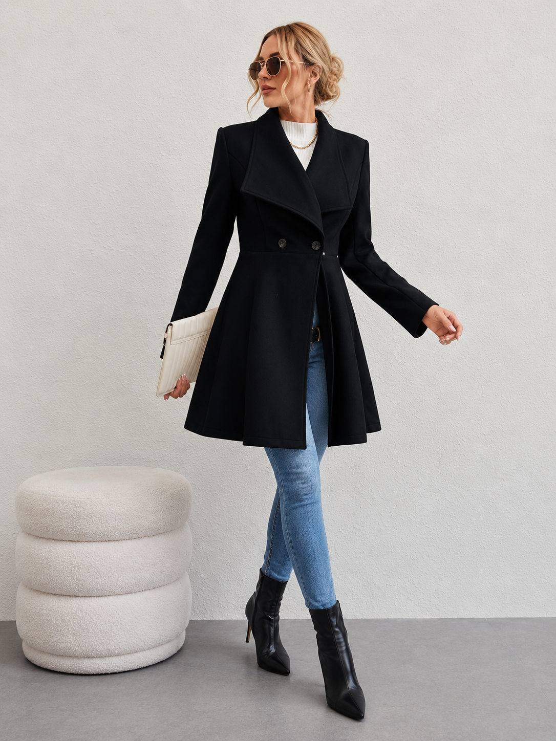 Women's Double-Breasted Fit & Flare Coat - Black