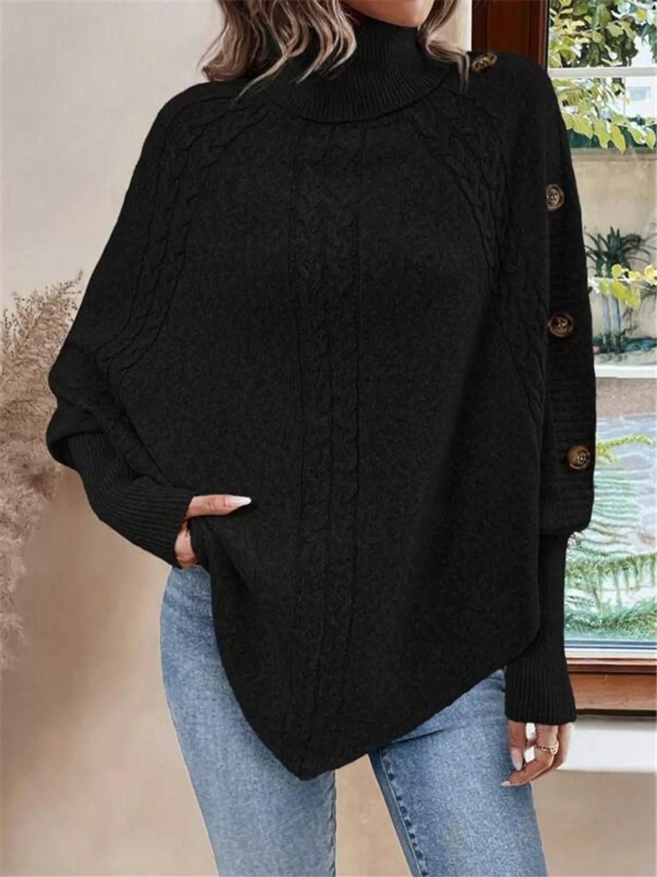 Black Women’s Cable Knit Cape Turtleneck Sweater / Jlouren 