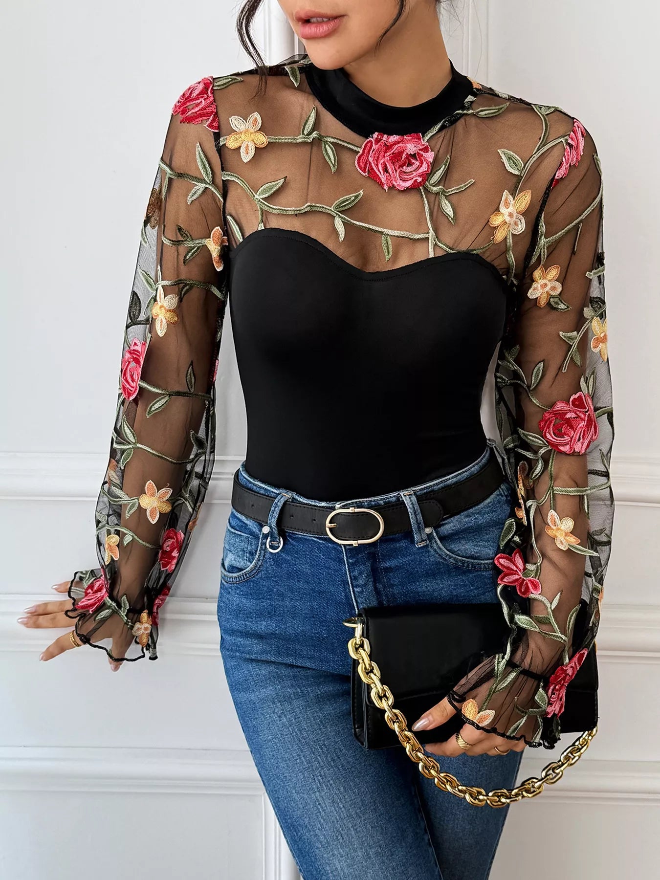 Floral Embroidered Mesh Black Long Sleeve Bodysuit