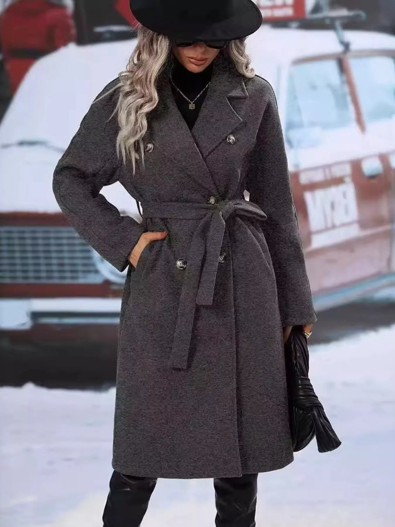 Dark Gray Double-Breasted Lapel Collar Trench Coat Women