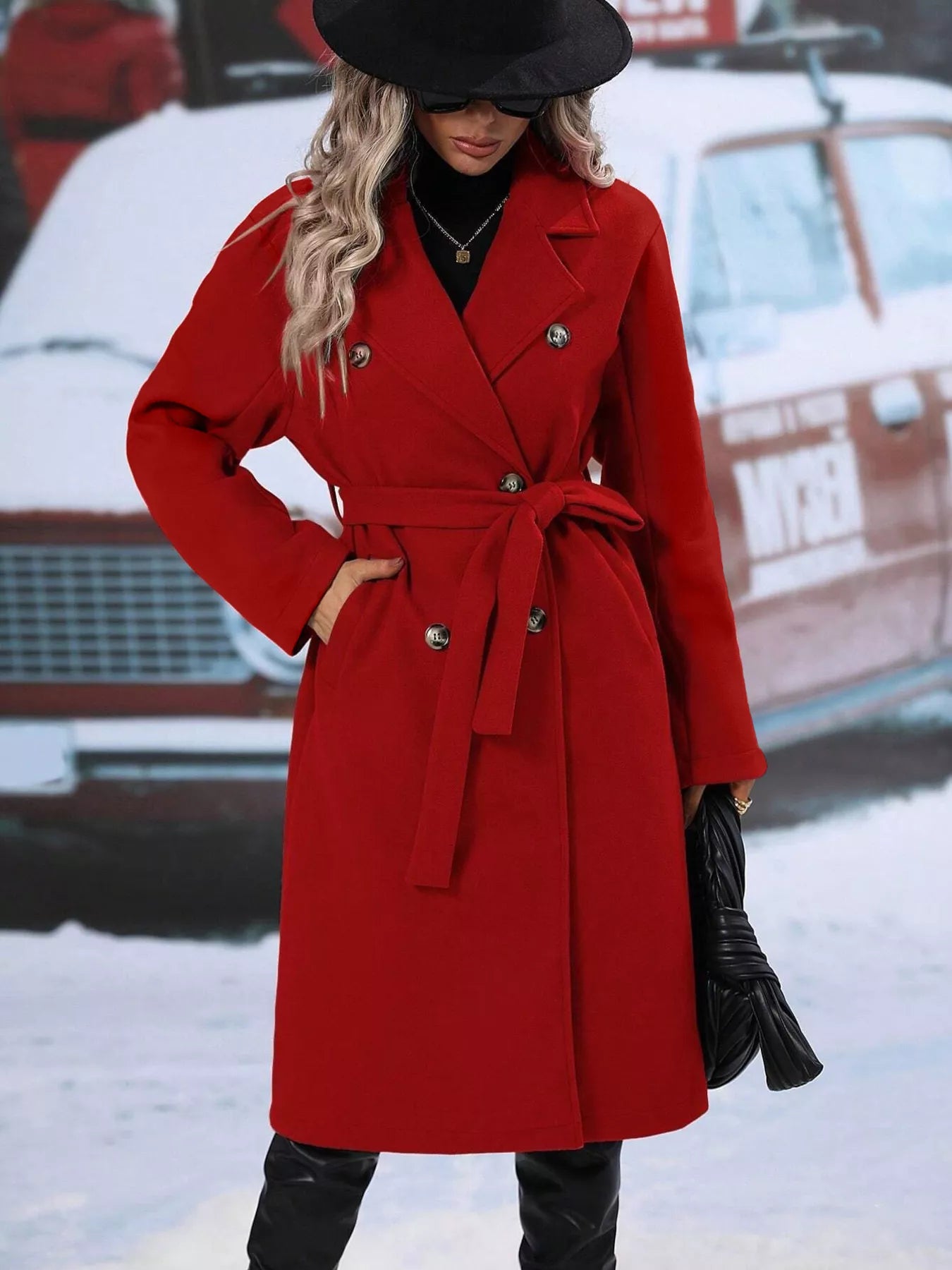 Red Double-Breasted Lapel Collar Trench Coat Women