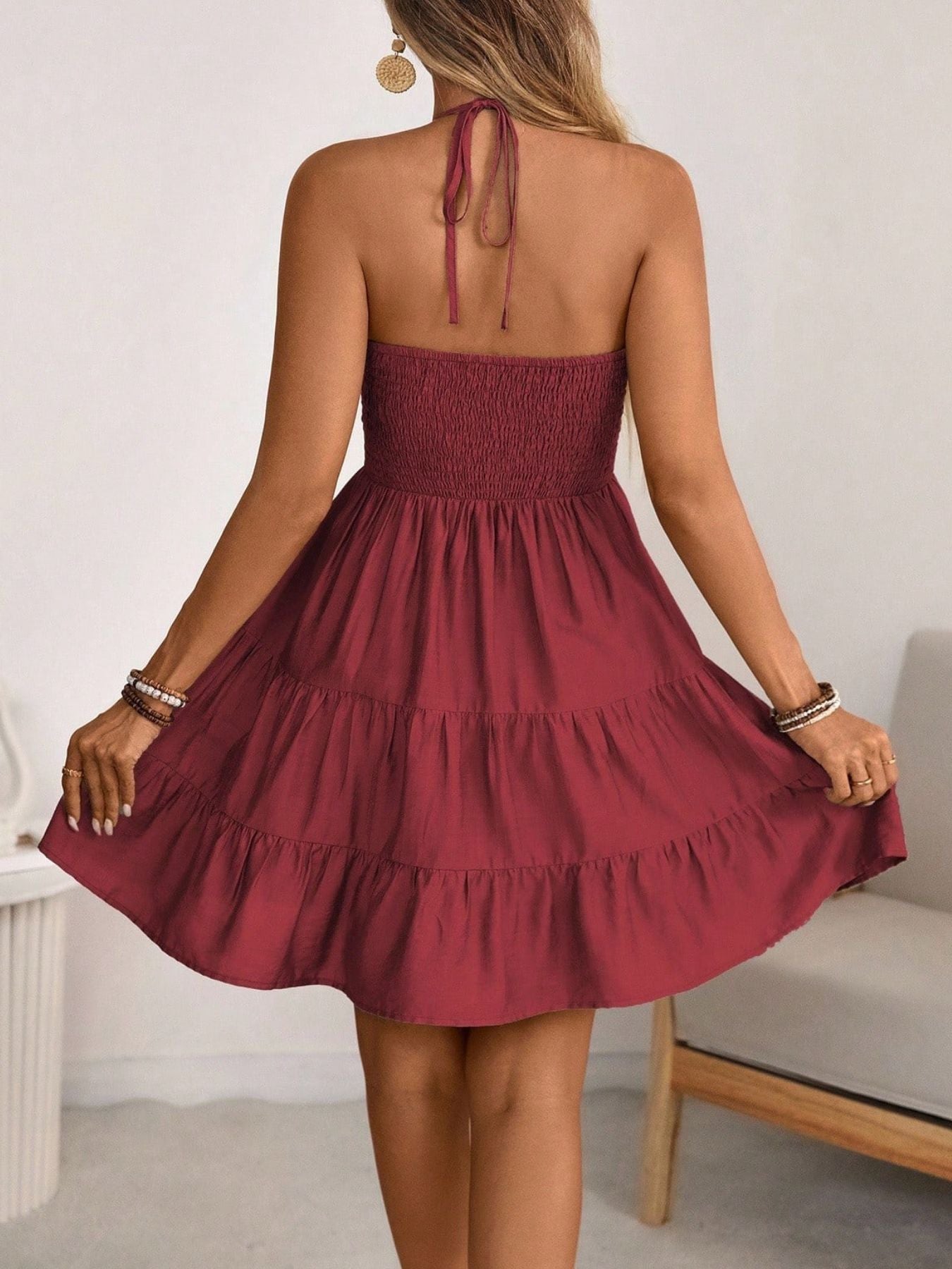 Women Flowy Halter Neck Tiered Summer Dress