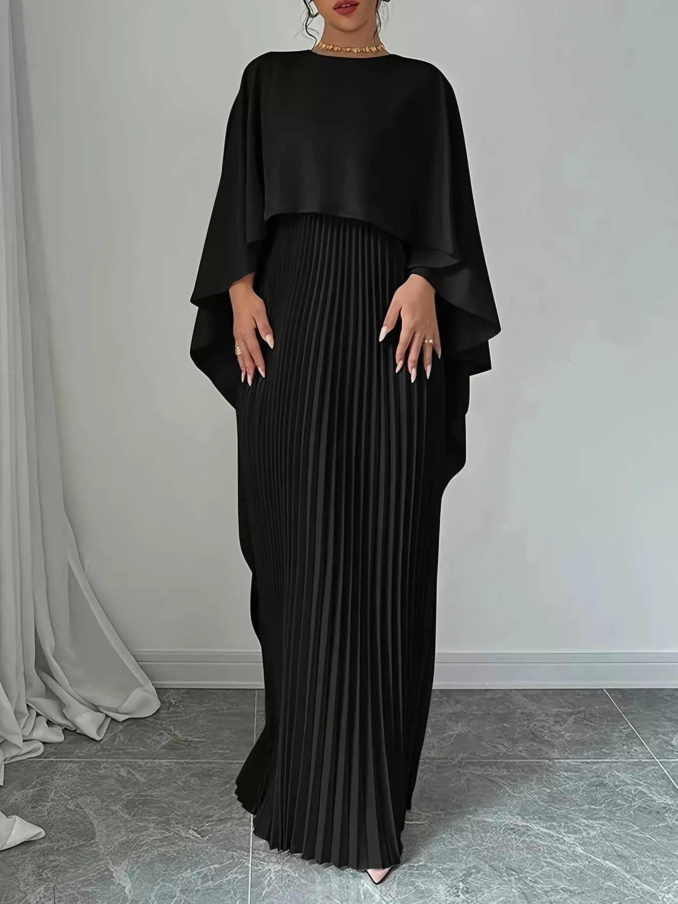 Cape Pleated Flowy Maxi Dress | JLouren