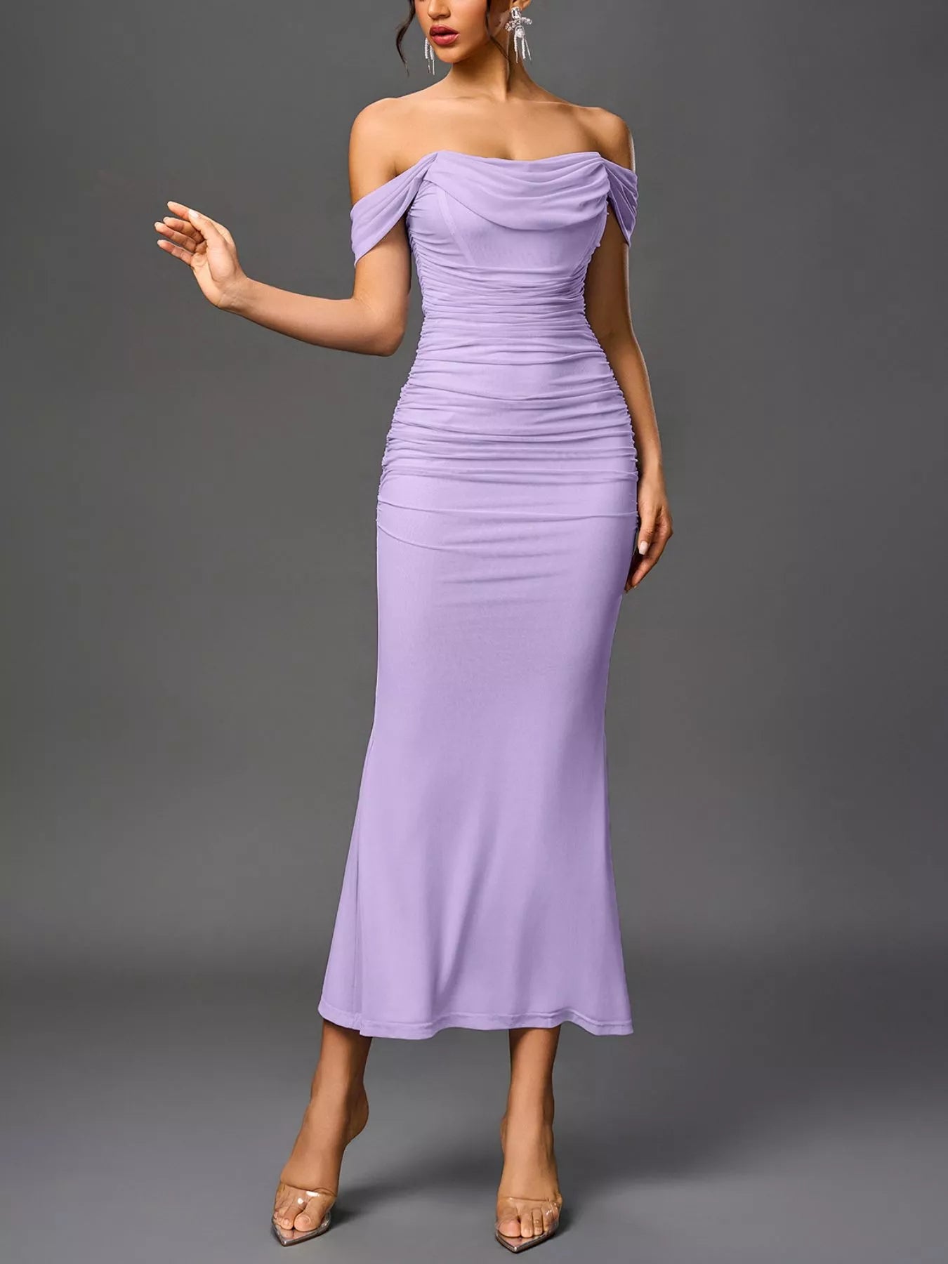 Pink Purple Off-Shoulder Ruched Mermaid Maxi Dress | Jlouren