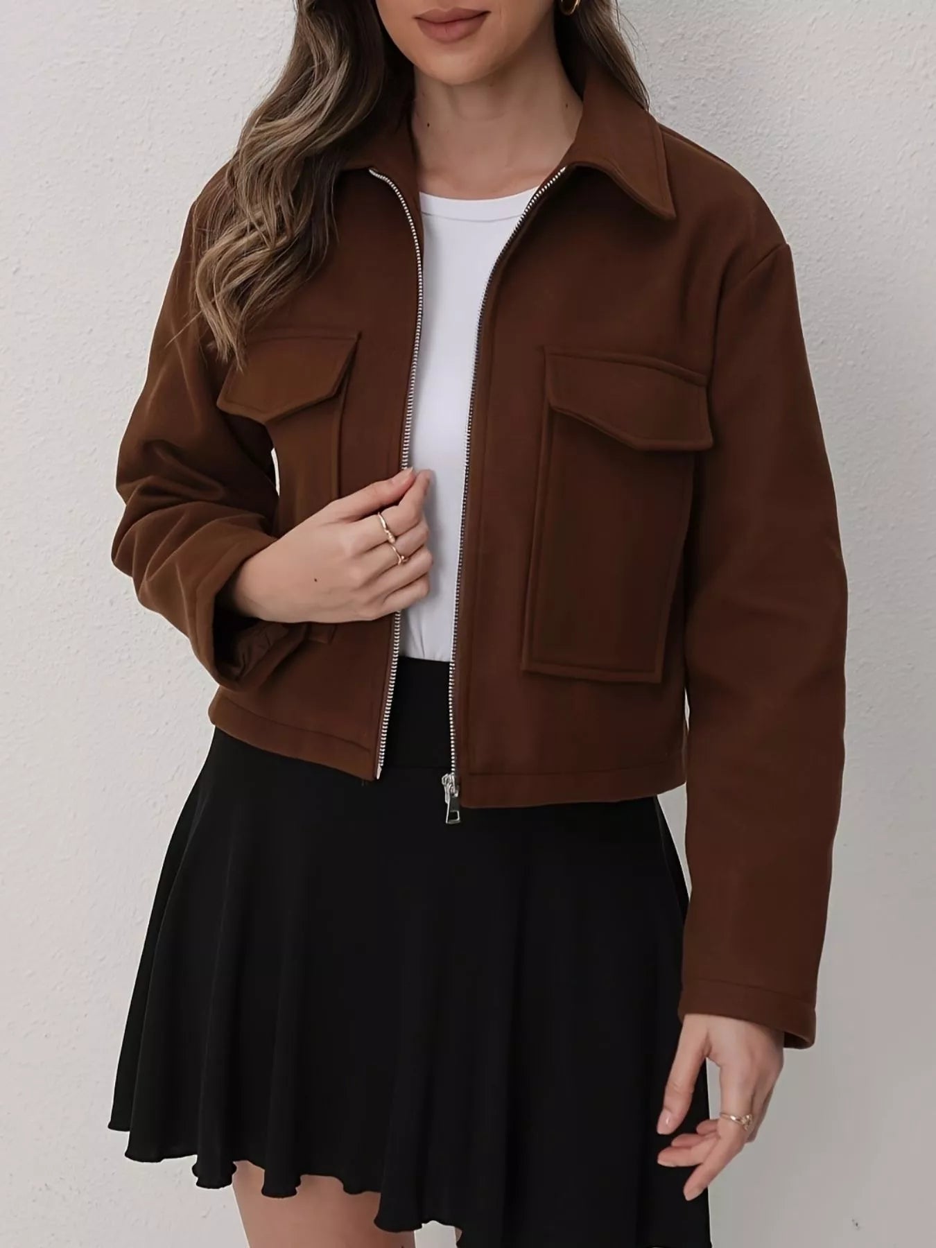 Brown Cropped Zip-Up Pocketed Jacket | Jlouren