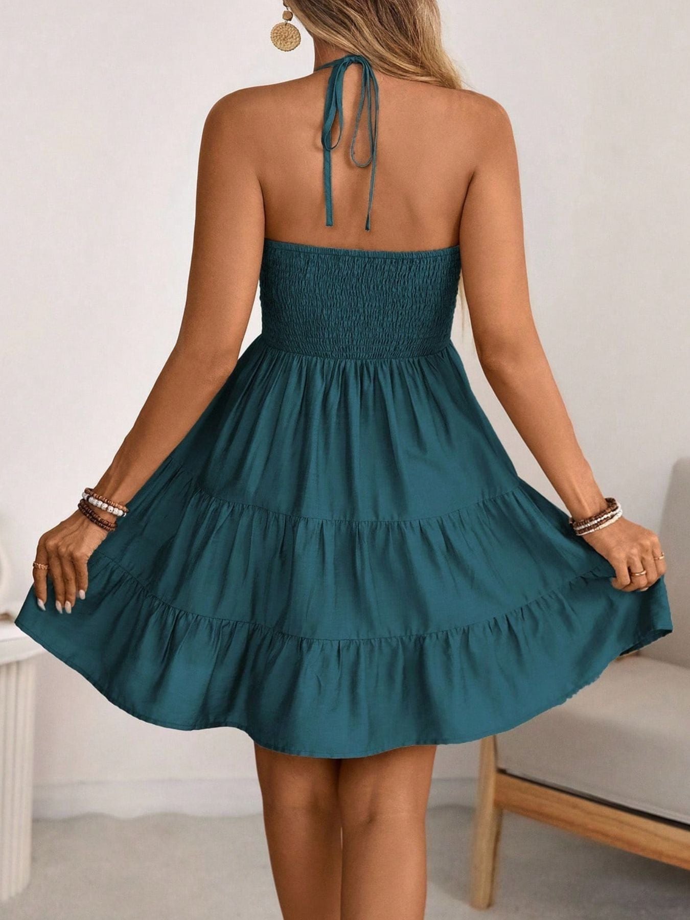 Women Flowy Halter Neck Tiered Summer Dress