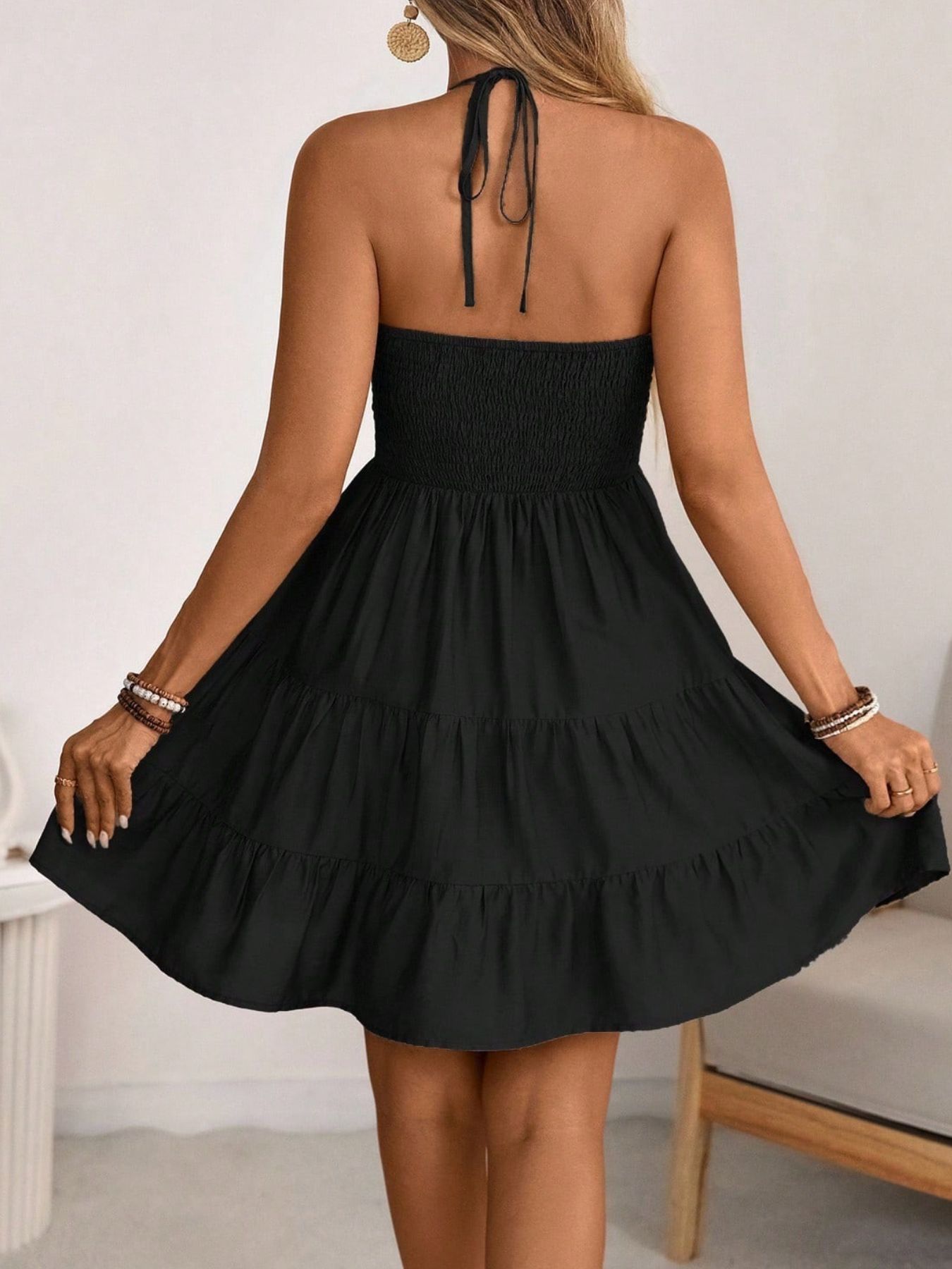 Women Flowy Halter Neck Tiered Summer Dress