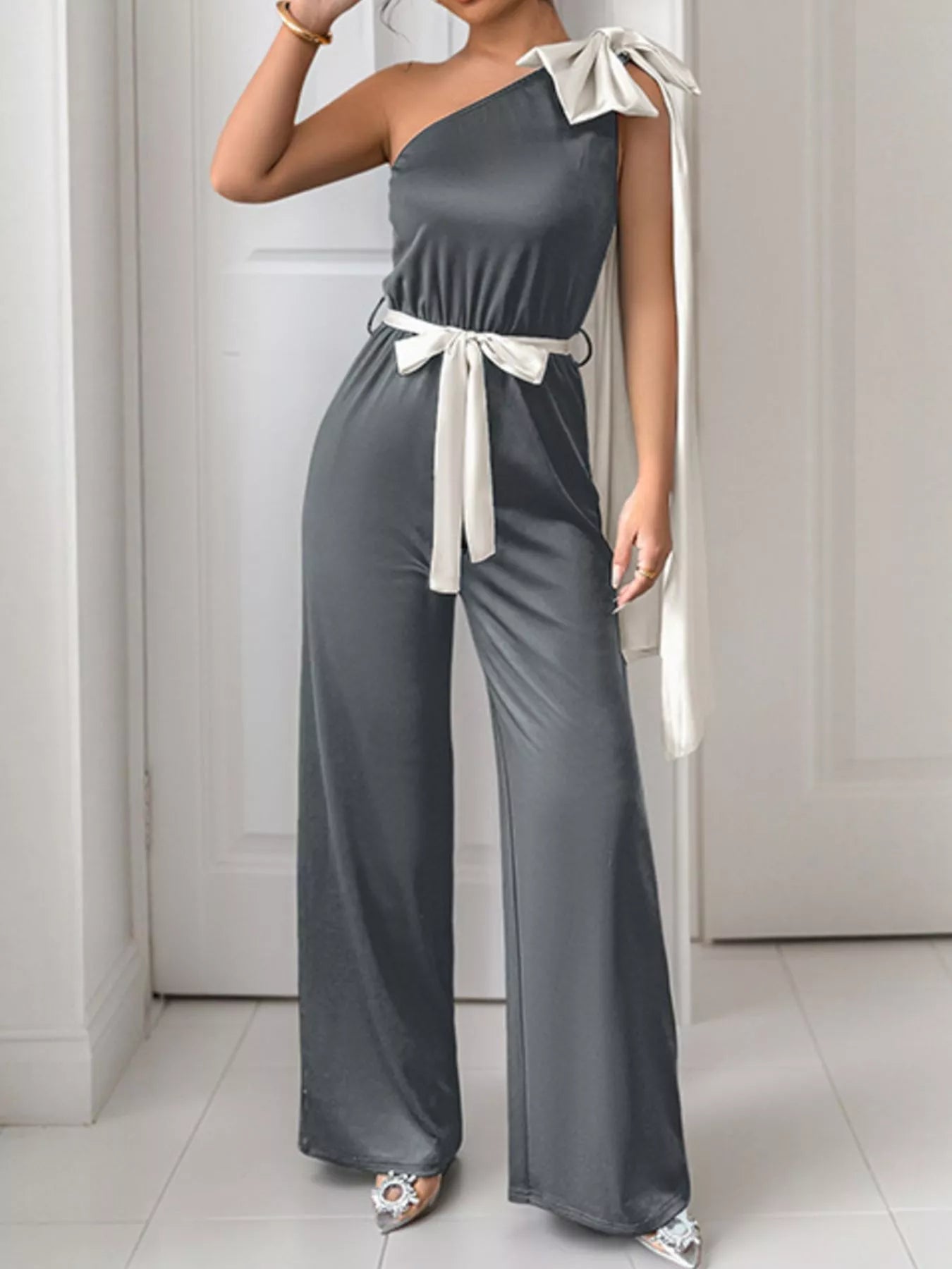 Gray One-Shoulder Bowknot Wide Leg Jumpsuit Women