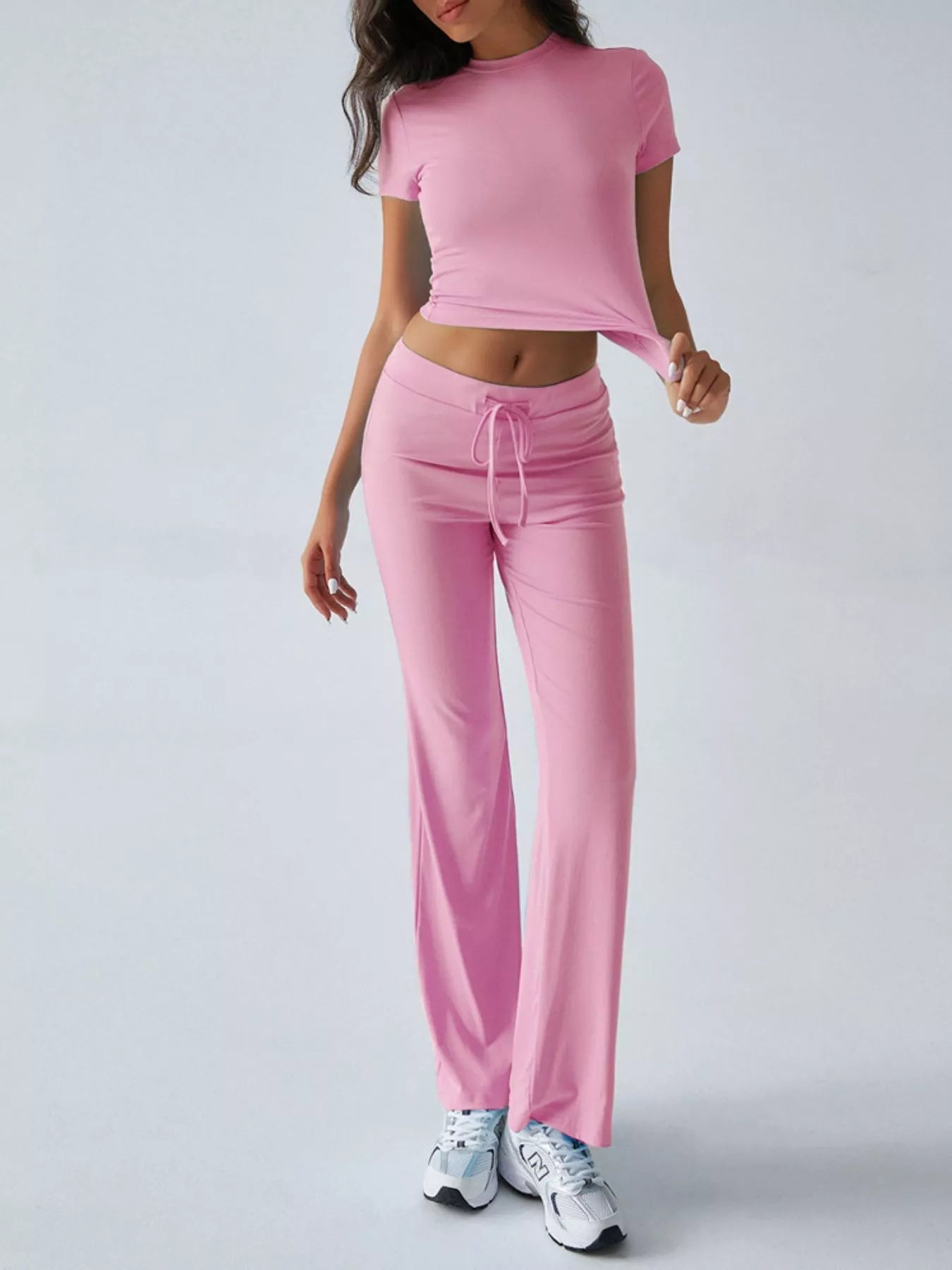 Mock Neck Cropped Top and Drawstring Flared Pants Set | JLouren