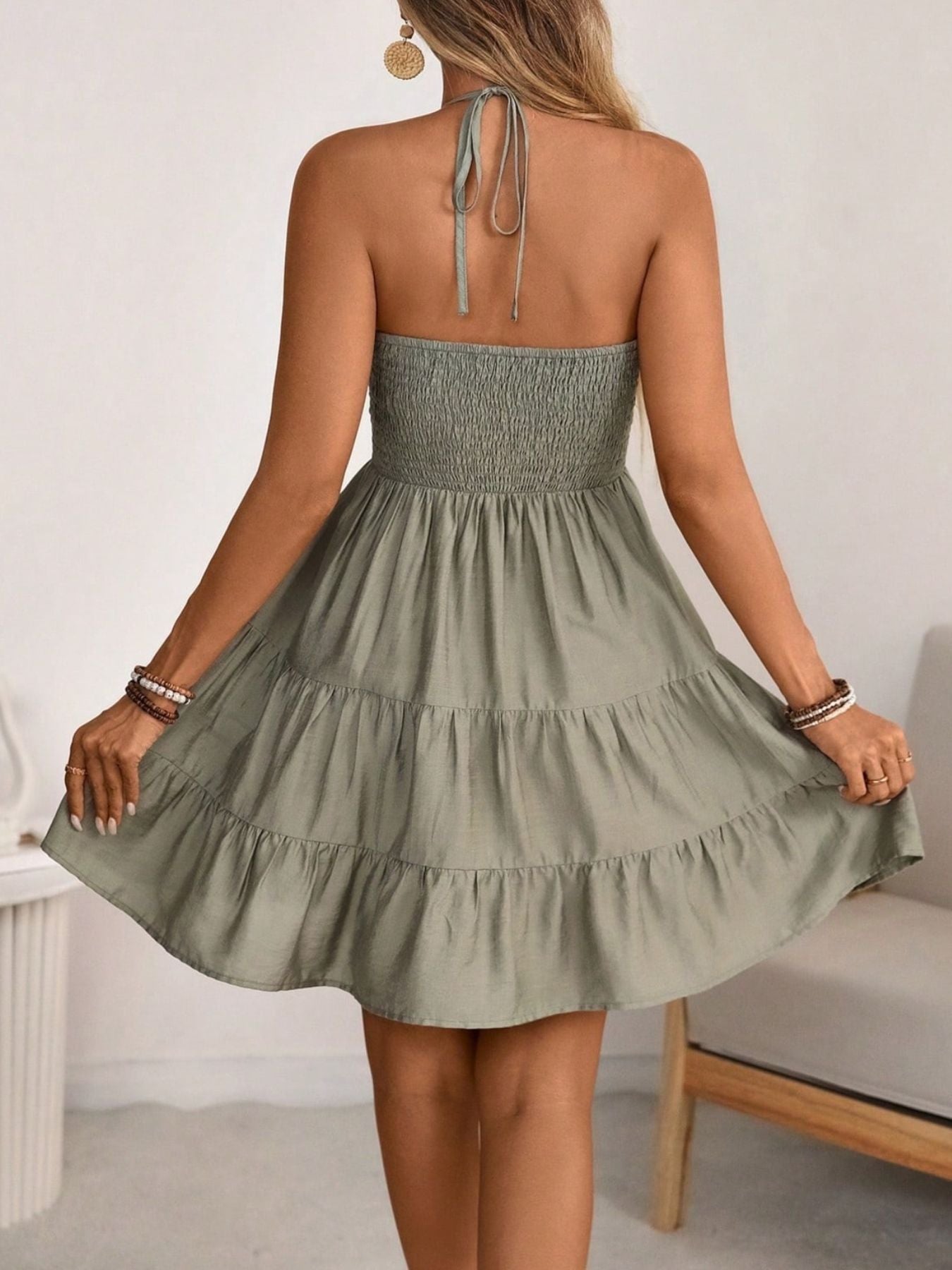Women Flowy Halter Neck Tiered Summer Dress