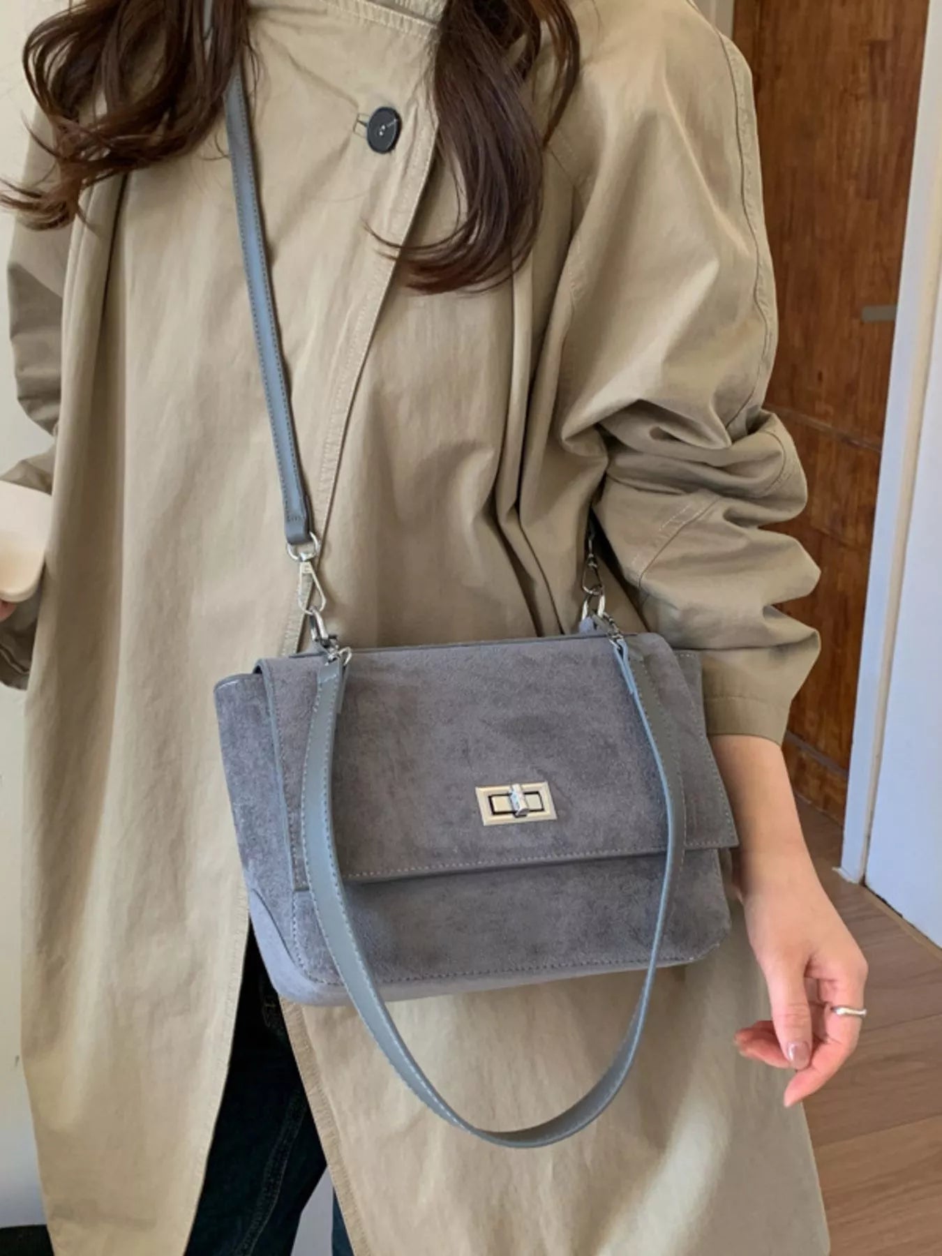 Black Suede Flap Crossbody Bag for Women