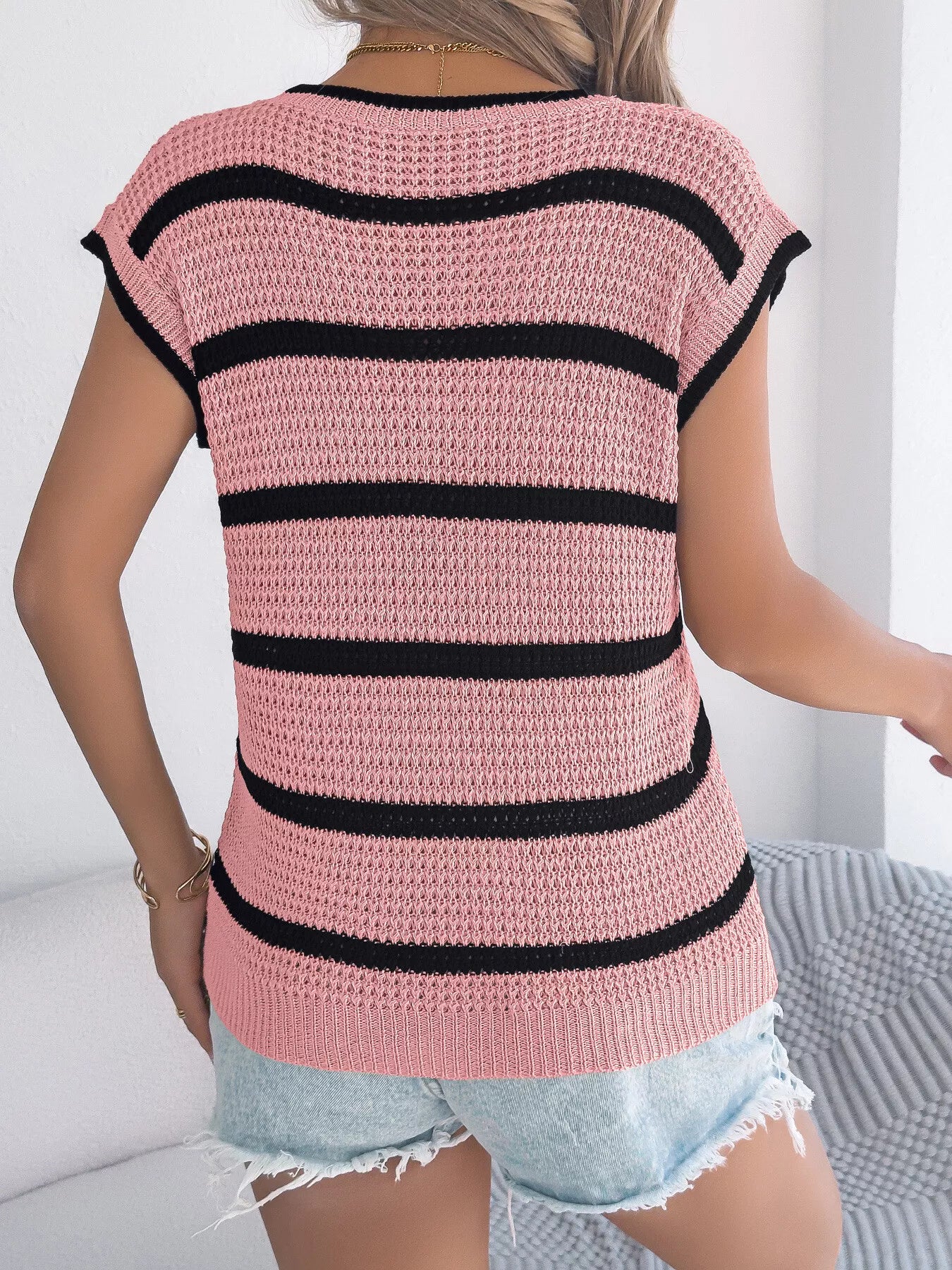 Women's Black and Pink Striped Sleeveless Knit Top