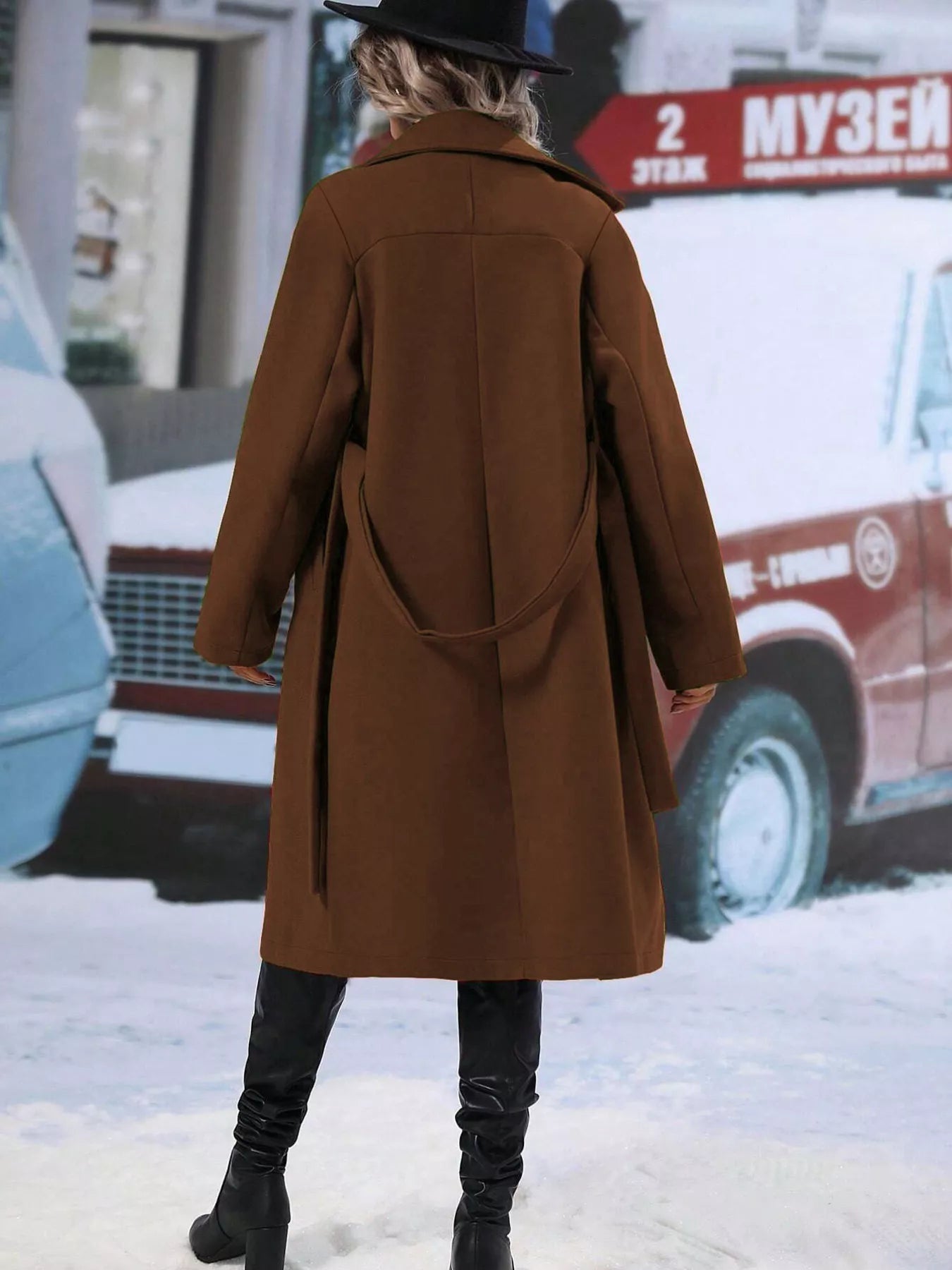 Dark Brown Double-Breasted Lapel Collar Trench Coat Women