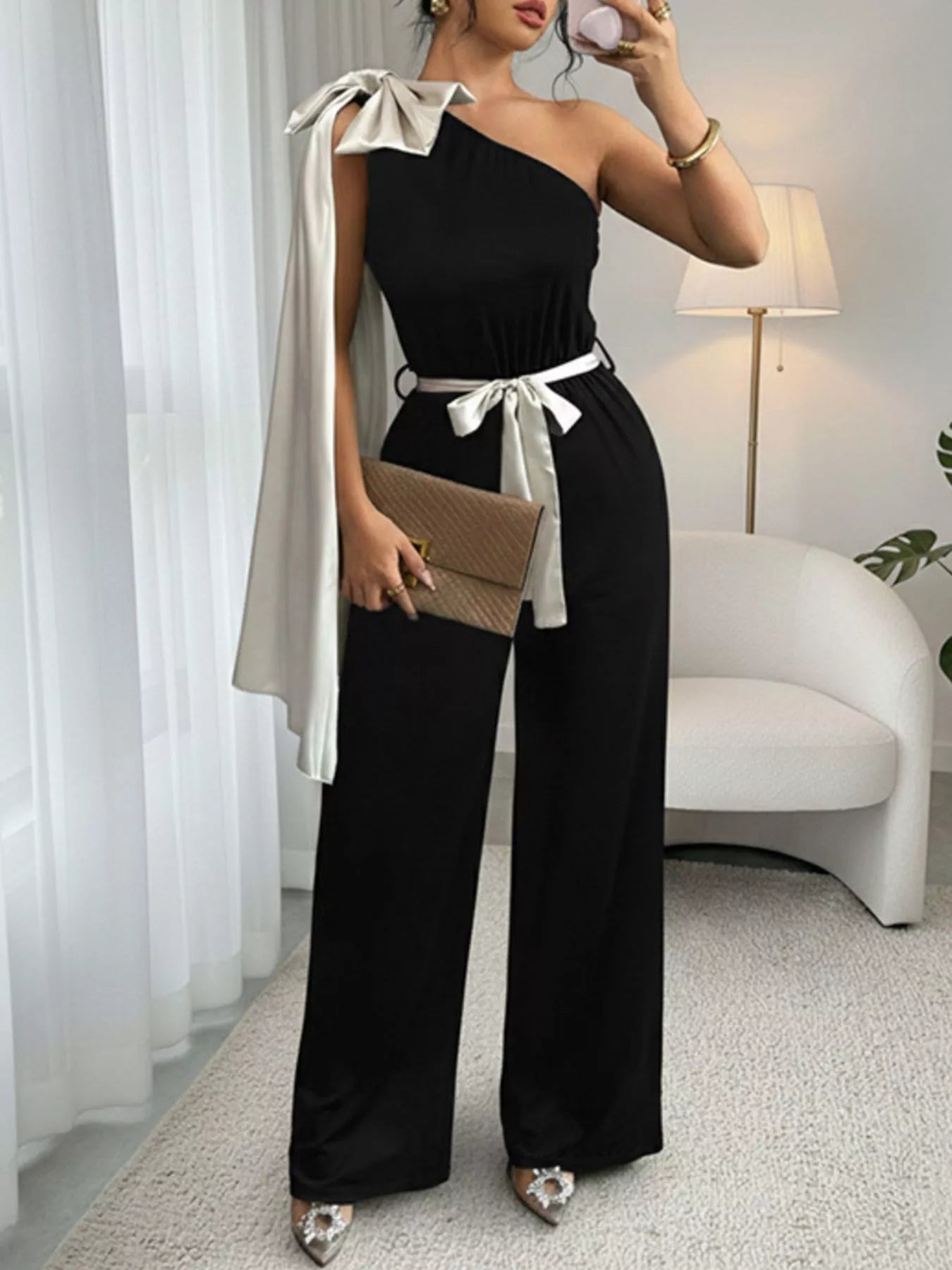 Black One-Shoulder Bowknot Wide Leg Jumpsuit Women