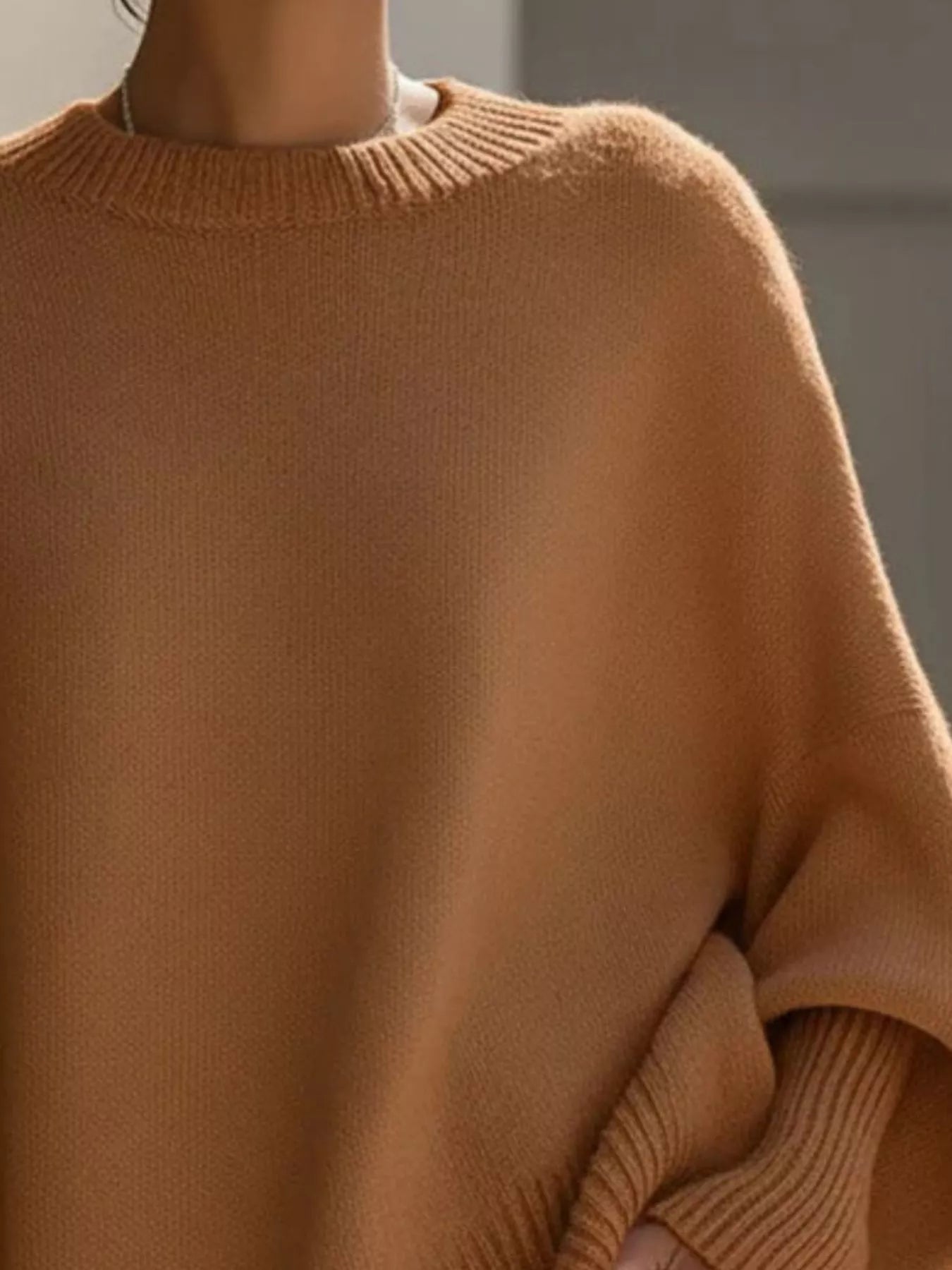 Brown Oversized Round Neck Long Sleeve Sweater | Jlouren