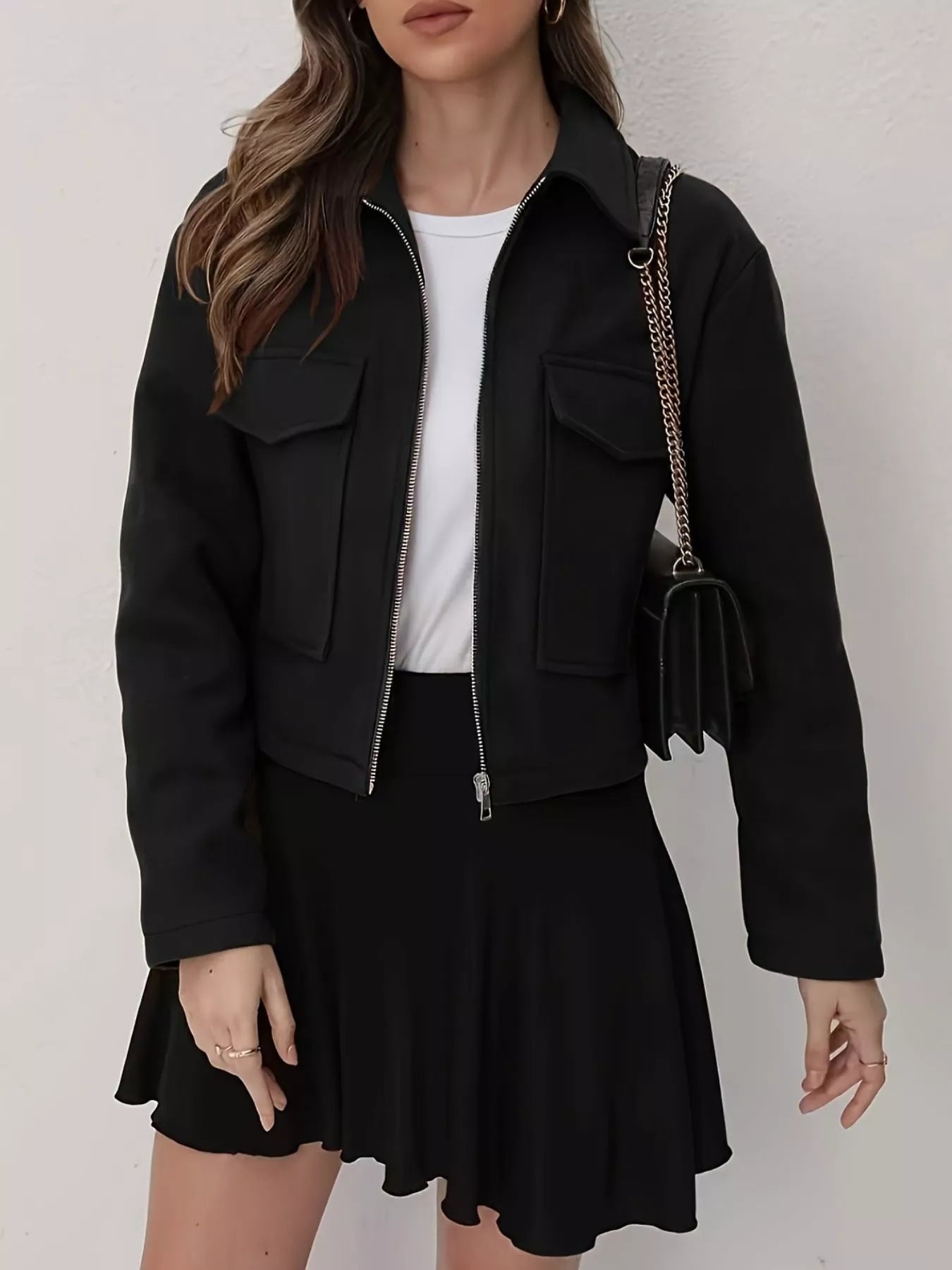 Black Cropped Zip-Up Pocketed Jacket | Jlouren
