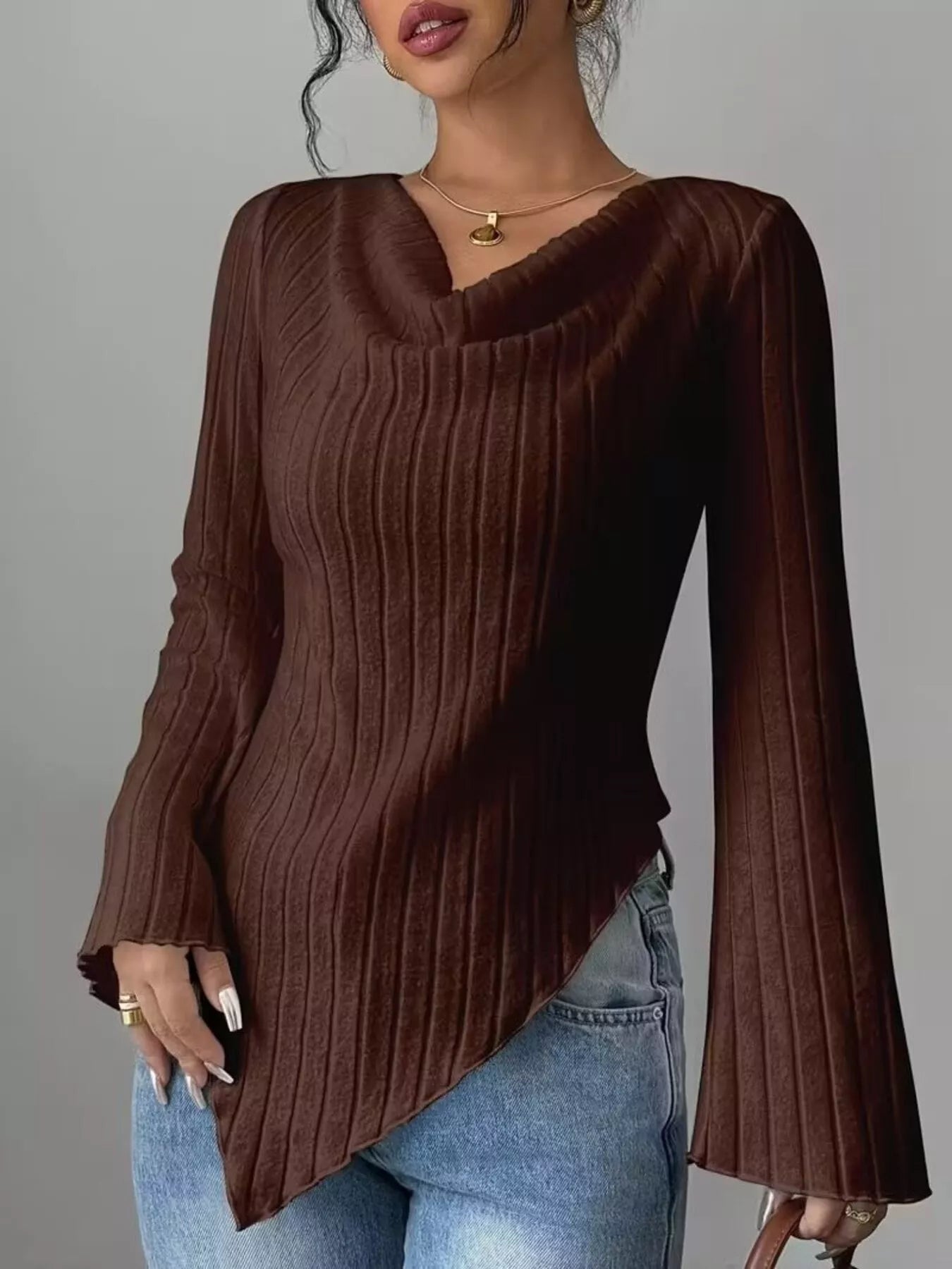 Women’s Draped Cowl Neck Ribbed Bodycon Long Sleeve Top | JLouren