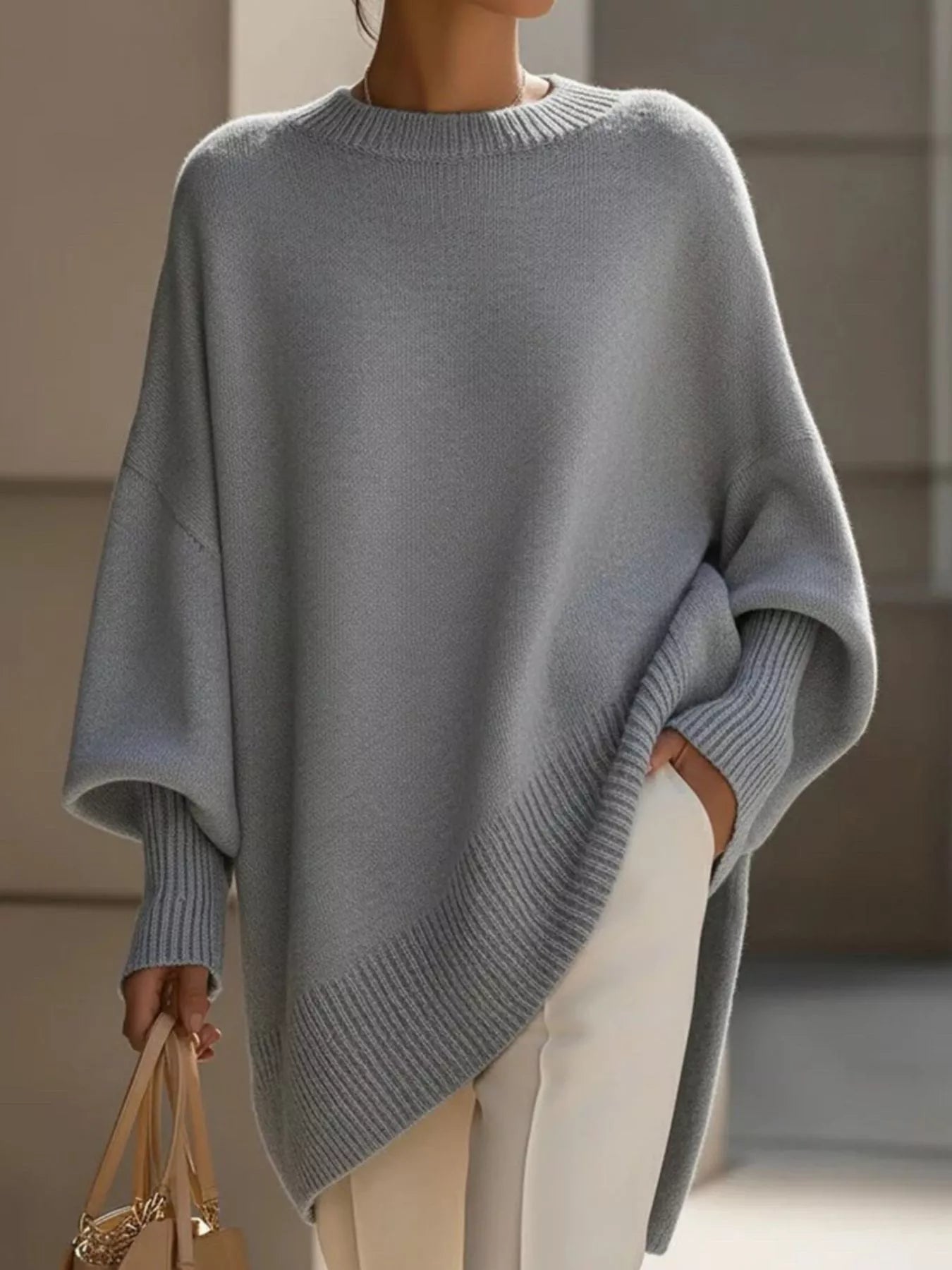 Gray Oversized Round Neck Long Sleeve Sweater | Jlouren