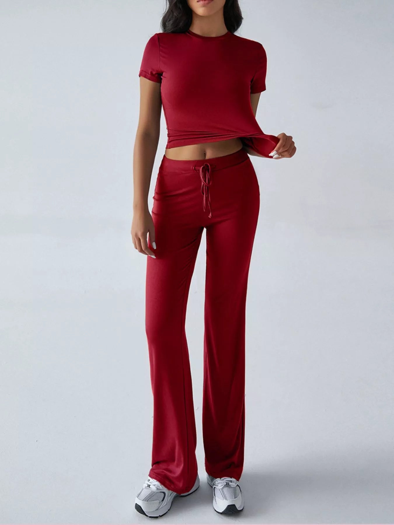 Mock Neck Cropped Top and Drawstring Flared Pants Set | JLouren