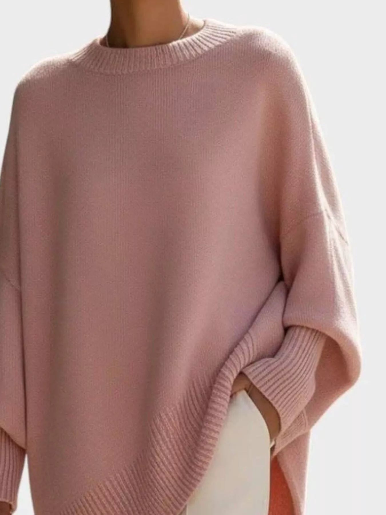 Pink Oversized Round Neck Long Sleeve Sweater | Jlouren