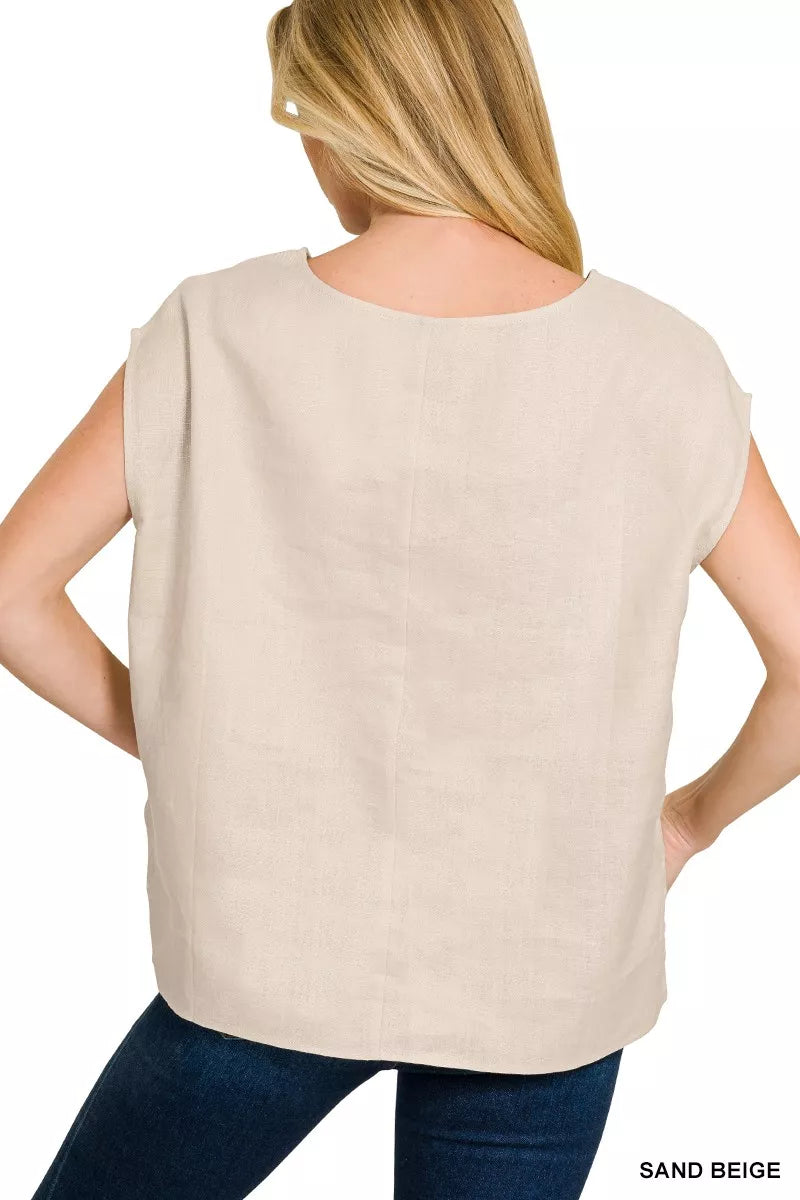 Women Beige V-Neck Cap Sleeve Blouse | JLouren