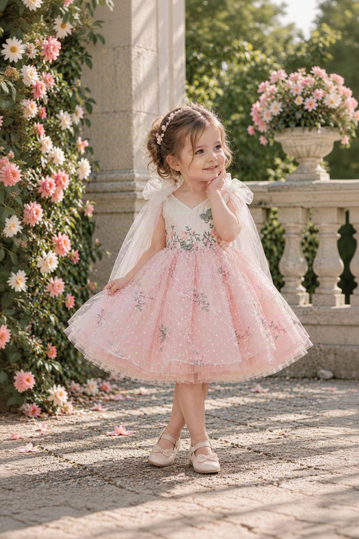 A young girl stands outdoors in a garden wearing a light pink tulle flower girl dress with a white bodice, floral embroidery, and a sheer white veil. She is posed in front of a stone balustrade and a flower-covered wall.