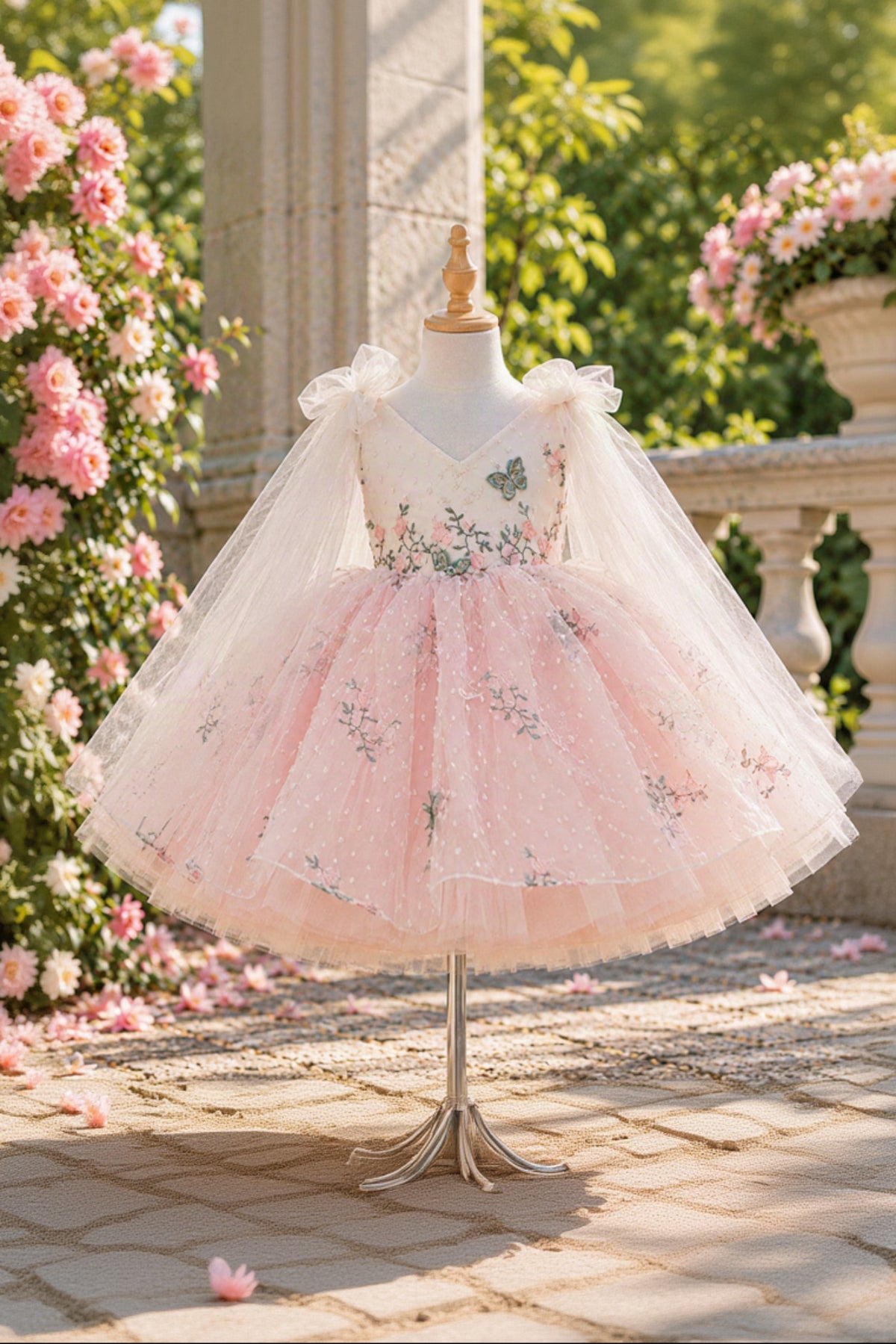 A pink and white tulle flower girl dress with floral embroidery and sheer bow sleeves, displayed on a mannequin in an outdoor garden setting.