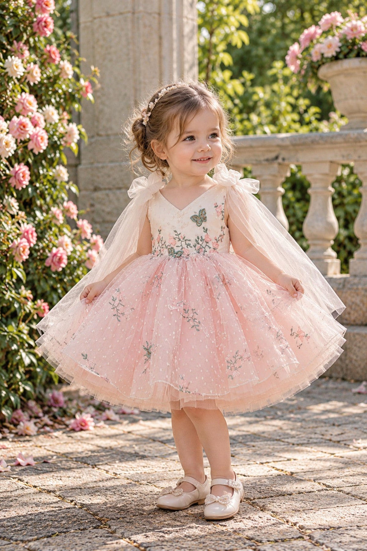 A young girl stands outdoors in a garden wearing a light pink tulle flower girl dress with floral embroidery, sheer flutter sleeves, and a full skirt, paired with pale pink shoes.