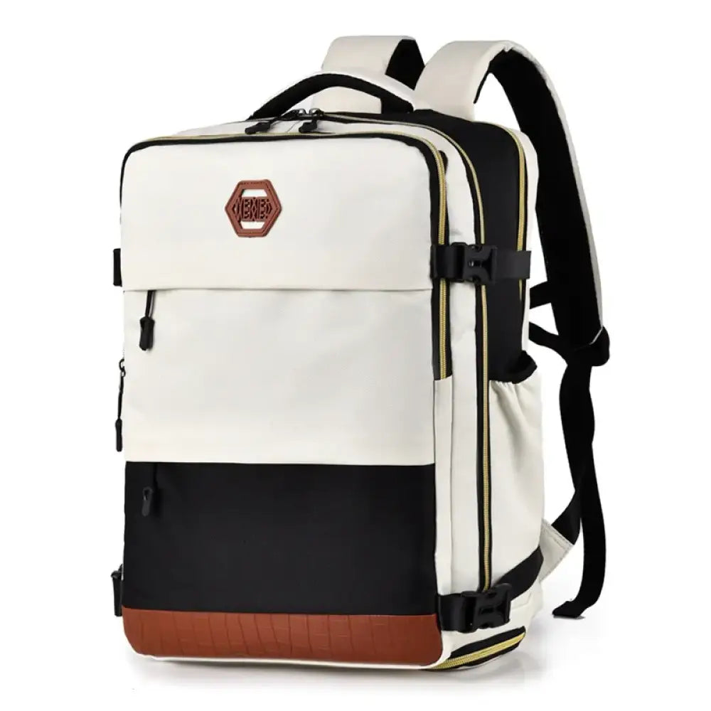 Beige Color‑Block Multi‑Pockets Backpack Bag |Jlouren