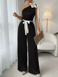 Black One-Shoulder Bowknot Wide Leg Jumpsuit Women