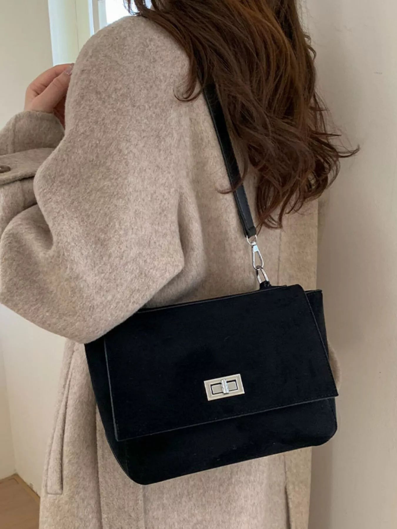 Black Suede Flap Crossbody Bag for Women