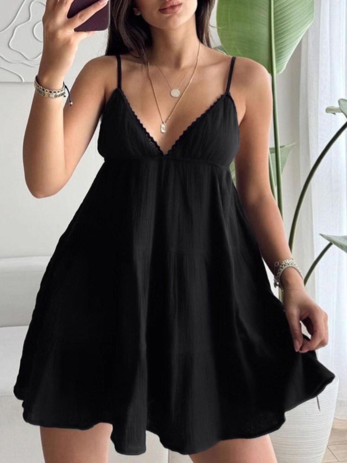 Black Women’s V-Neck Tiered Mini Dress – Flowy Lightweight Summer Dress with Ruffle Detail