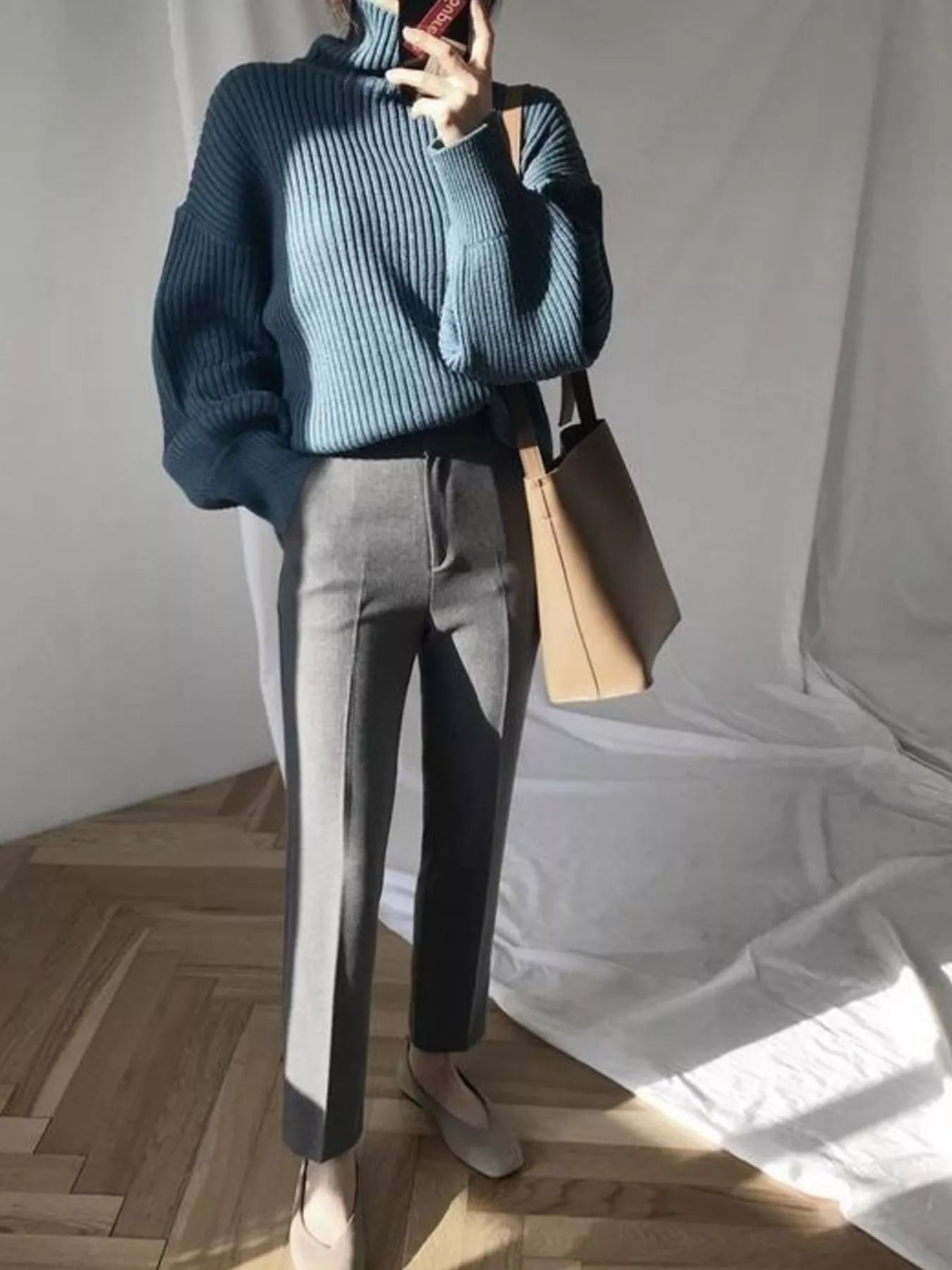 Blue Full Size Ribbed Knit Oversized Turtleneck Sweater